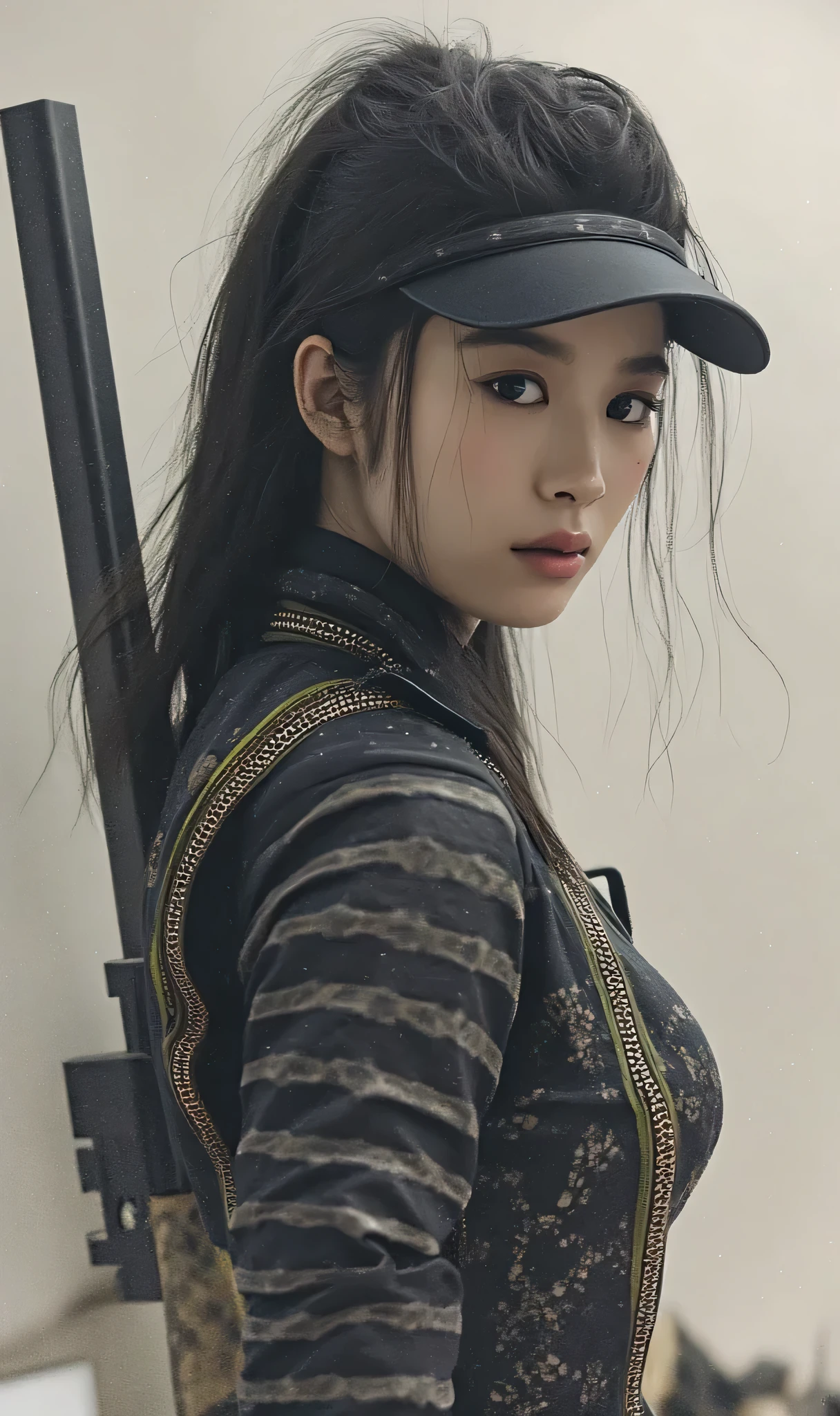 (((The dark interior of the Nostromo ship :2.0))),((( HR Giger style cyberpunk atmosphere:2.0))),(((Hold a cyberpunk-style Japanese sword:2.0))), ,((whole body:2.0)), one woman,( cute face),(Beautiful well-balanced face ),( natural big breasted :1.5),( black hair:1.5),( beautiful eyes:1.3),Glamorous shot of a 20 year old Japanese woman , Slender Beautiful Body ,( model body type:1.3),(Slim body:1.3), perfect body line, Ideal Proportions ,( big breasts:1.5),Bare thighs,Voluptuous thighs, delicate body,( Shrimp:1.7),A harmonious posture,(Realistic breast depiction :1.7), Carefully depicts limbs based on perfect anatomy,((Wear a samurai kimono-style military coat with an open front over a black super high-leg leotard :1.5)),(( super high leg leotard made of cammy style latex that fits the body:1.5)),(( a samurai kimono style military coat with an open front over a leotard :1.5)),(ear monitor:1.5),((Tactical Holster:1.5)),( gloves:1.3), concept art ,( best quality :1.5),(masterpiece:1.5),(Super high resolution),resolution,UHD,( Delicate Depiction), carefully drawn with butterfly wings ,32K,(( Realistic Skin Texture :1.5)),((( Ultra-realistic :1.5))),Draw eyelashes carefully, very detailed face,Highly detailed female hand,Sexy appearance,Very sensual,(Blurry Dim Backgrounds :1.5), chicken,( movie lights:2.0),(( Blade Runner Style Lights :2.0))