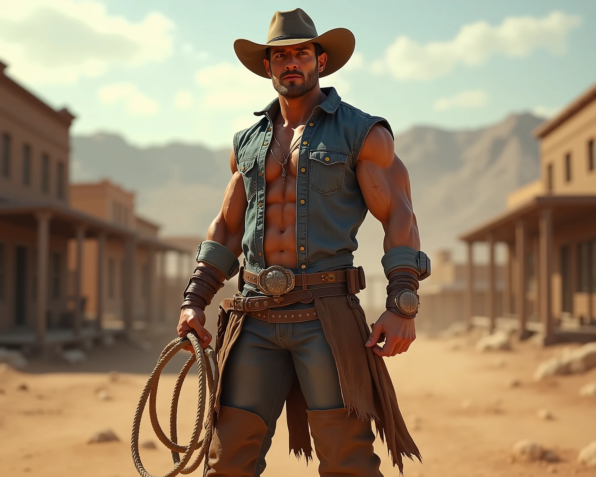 ( masterpiece : 1.2),(CGI Art:1.3),(realistic:1.5),( post-processing :1.3), (sharp focus:1.3), Muscular cowboy , In the Old West, holding a whip