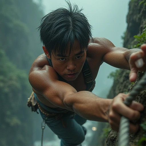 An Indonesian man,A slightly fat body climbs the cliff