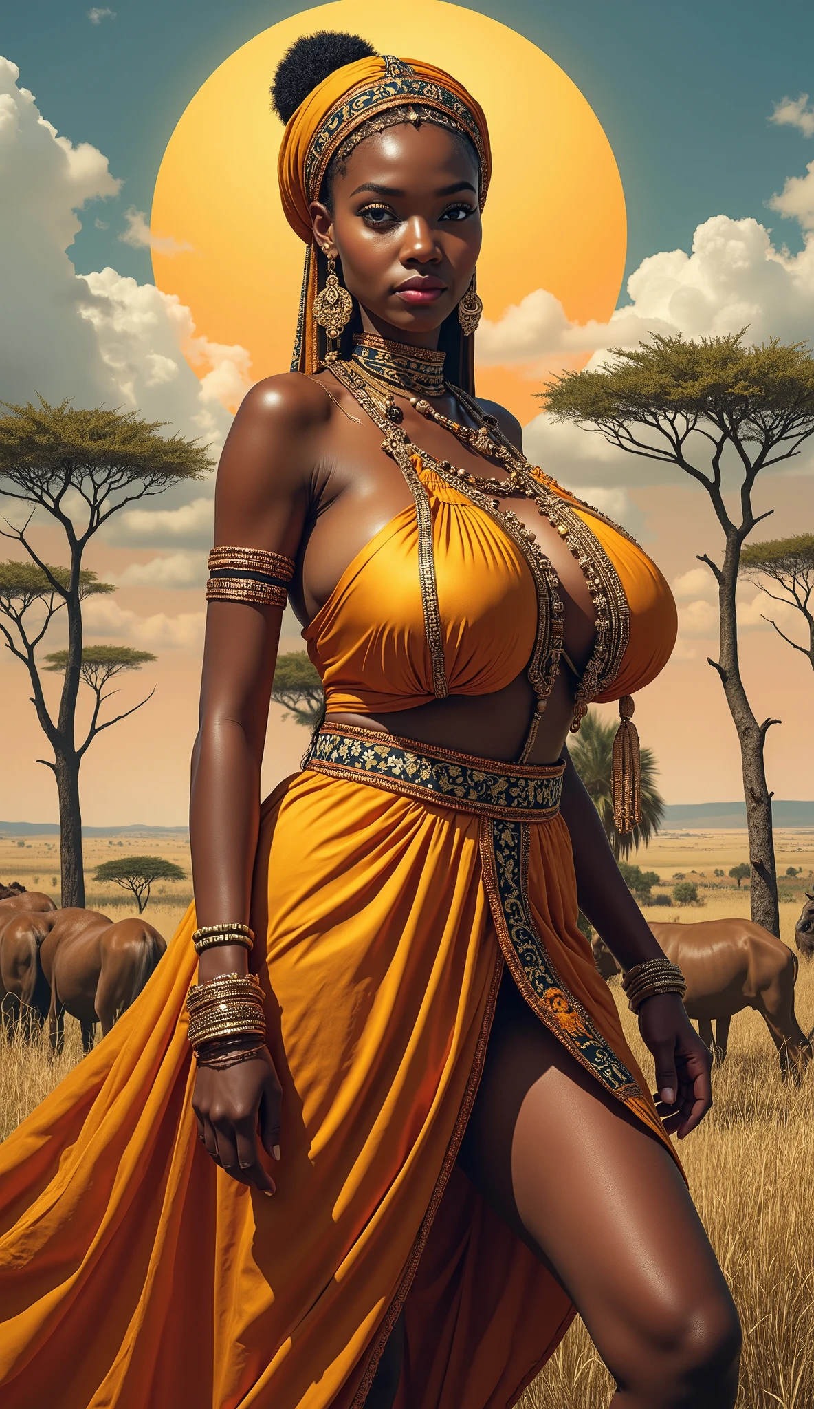 ((ultra high definition)), ((ultra high resolution)), ((ultra sharpness)), ((cinematic)), ((8K)), ((Unreal Engine 5)), ((Ultra Black girl)), ((extremely beautiful)), ((totally realistic)), ((total fidelity)), ((ultra curvy)), ((front view)), ((big ass and thick thighs)), ((ultra detailed face)), (( beautiful forehead))(,ultra detailed eyes)), ((ultra detailed irises)), ((ultra detailed hands)), ((ultra detailed fingers)), (((alone))), (((full body))), ((natural lighting)), ((white tribal markings on skin)), ((always the same face)), ((repeat always the same face)), ((always the same body)), ((always the same body proportions)), ((wearing a sexy colourful African dress clothing with gold linen and edges)), ((gold ornaments)), ((riding a majestic elephant)), ((infront of mount kilimanjaro)),((alone in the photo)), ((repeat the same clothes)), ((always the same clothes)), ((looking at the camera)), ((short and curly hair)), ((silky curly hair)), ((black hair)), ((light gray irises)), ((wet))