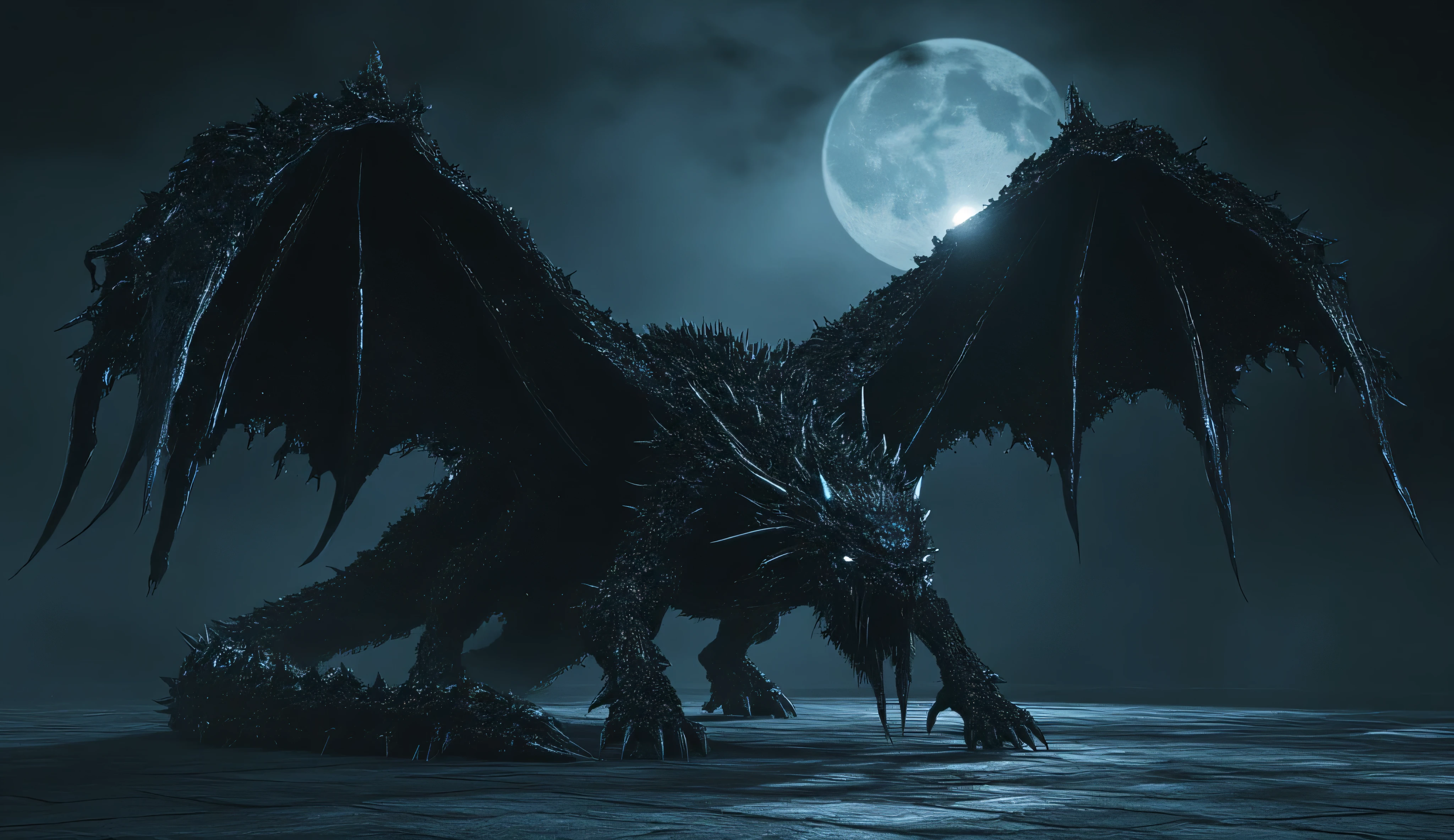 A colossal huge giant crystalline black dragon with white elements. two huge creepy crystal wings. His eyes are glowing white. It is covered with thorns. Long and powerful paws. long spiked tail. A big fanged mouth. It is located on a tiled square. A bright white moon. It's a dark night. Dark is the lighting. The horror.