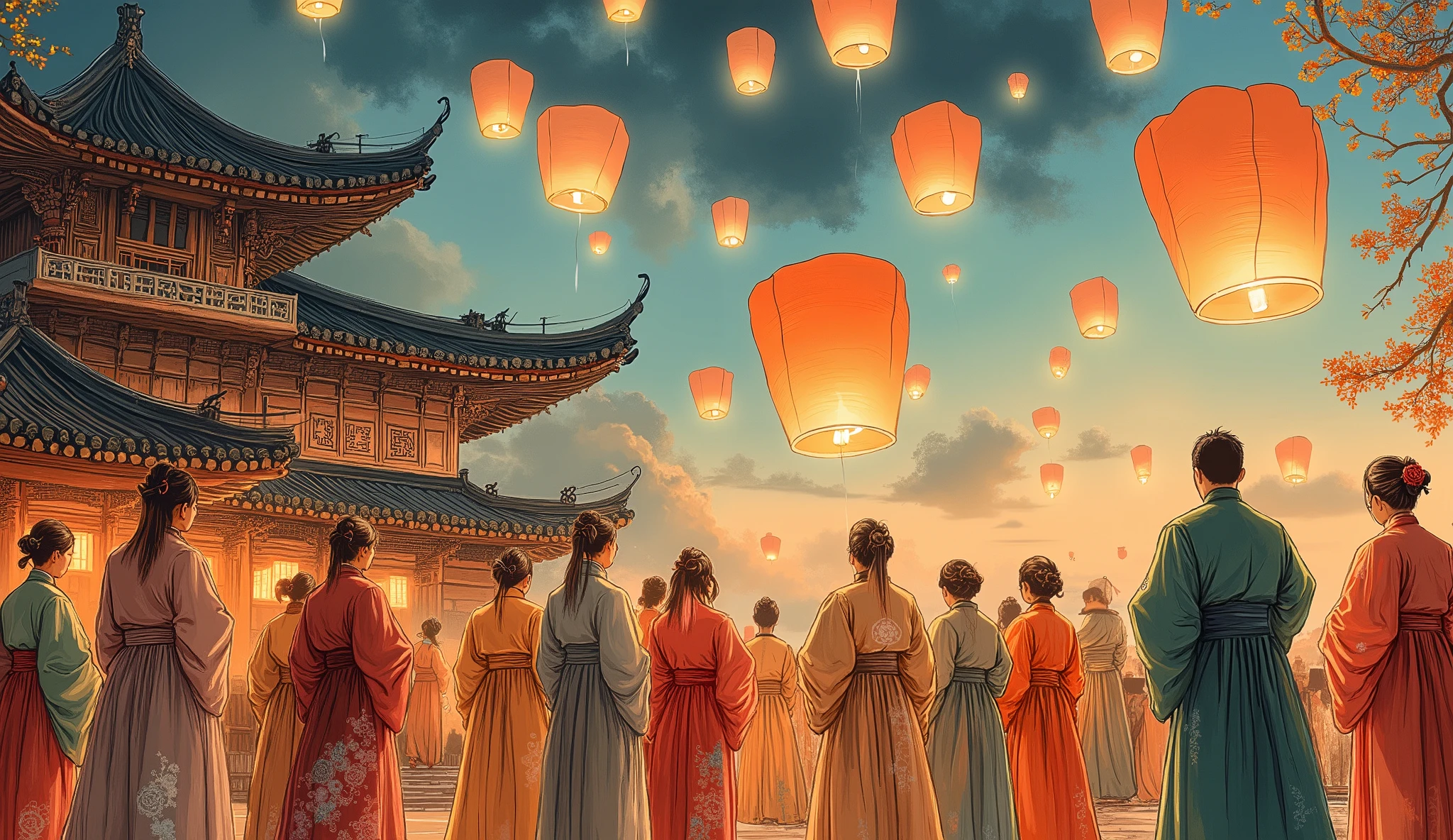 "A vibrant line art illustration of adults wearing traditional Chinese clothing, gathered beside a traditional building to release lanterns into the evening sky. The figures are dressed in exquisitely detailed hanfu in soft, harmonious tones like pastel reds, golds, and greens, with intricate patterns. The traditional building features ornate curved roofs and decorative elements, subtly illuminated by the warm glow of lanterns. The adults carefully light and release the glowing paper lanterns, which rise into the twilight sky. The scene combines the serene beauty of traditional Chinese architecture with the cultural elegance of the lantern release, captured in a style blending traditional ink drawing techniques with soft, muted colors."