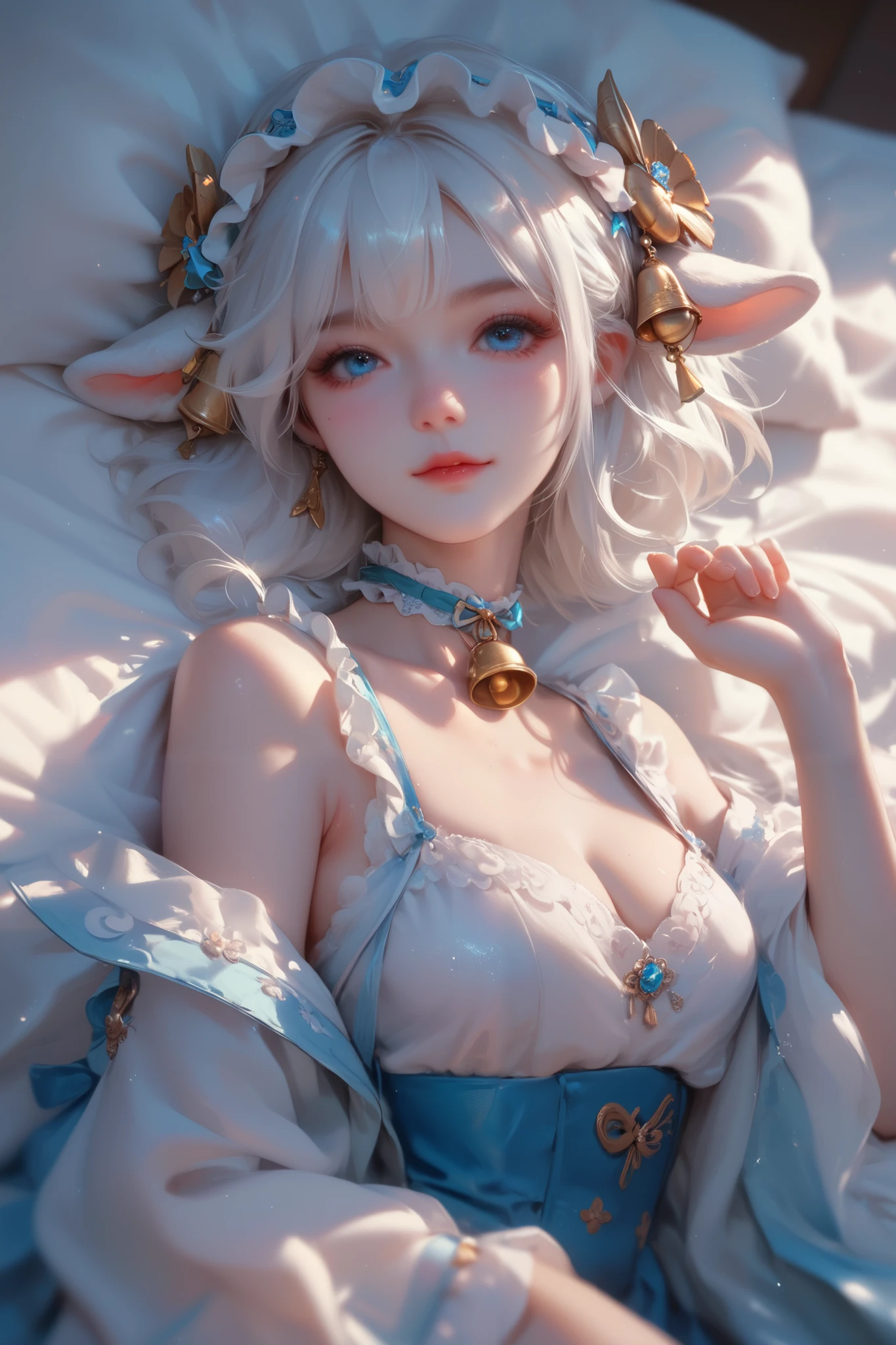 Generate a soft and dynamic stylized illustration of a ethereal and beautiful woman with pale skin, white hair, bangs, blue eyes, and sheep ears, wearing a white frilly dress in a cute style and a choker with a bell; she is laying on a white silk sheet with lots of plushies and lacey, cute details.