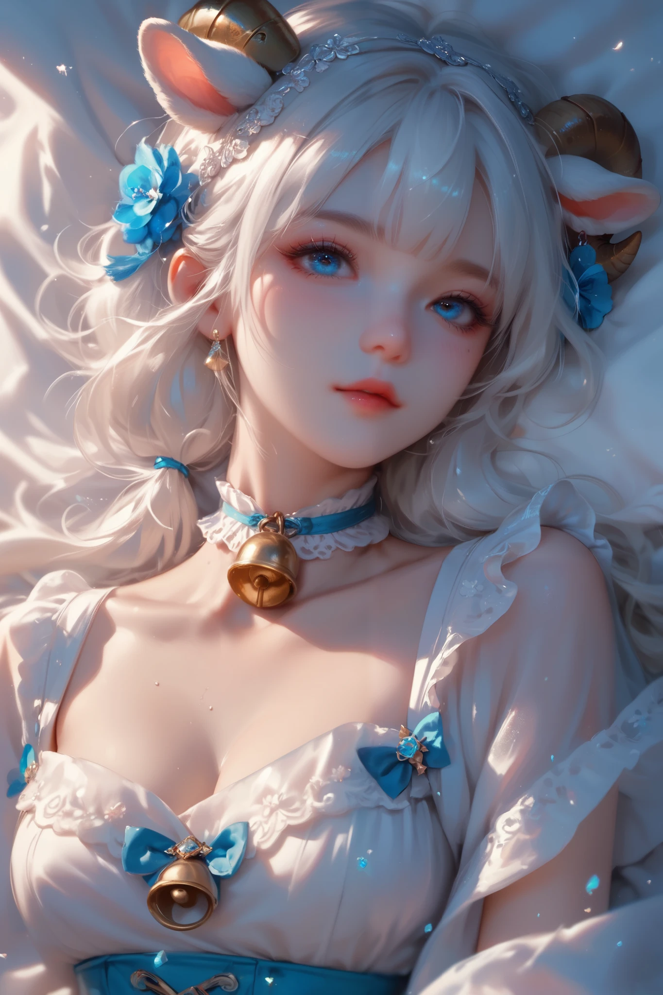 Generate a soft and dynamic stylized illustration of a ethereal and beautiful woman with pale skin, white hair, bangs, blue eyes, and sheep ears, wearing a white frilly dress in a cute style and a choker with a bell; she is laying on a white silk sheet with lots of plushies and lacey, cute details.