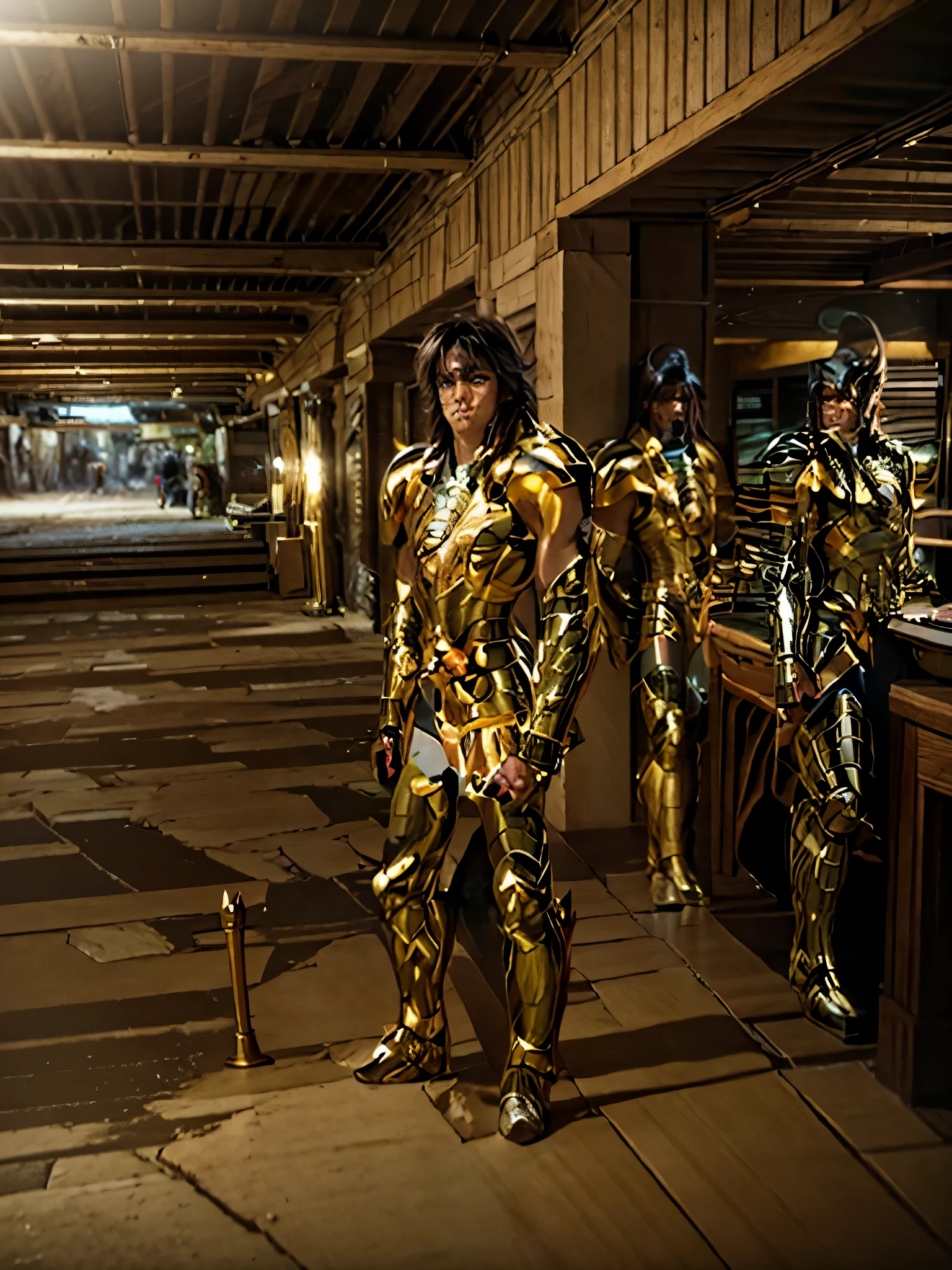 Ultra-high saturation, (tmasterpiece), full body photo, (best quality), (1man), starry sky background, Wearing shiny gold armor, armor type armor shows details of your muscles, showing the belt, showing the armor thigh protector, cool pose, Saint Seiya Armor, messy hair, high detail, Anime style, Cinematic lighting, Glitter, god light, Ray traching, filmgrain, hyper HD, skin texture, super detail, Anatomically correct, High resolution, Saturation ultra-high, High contrast, High-shiny green armor, Smooth skin, Serious expression