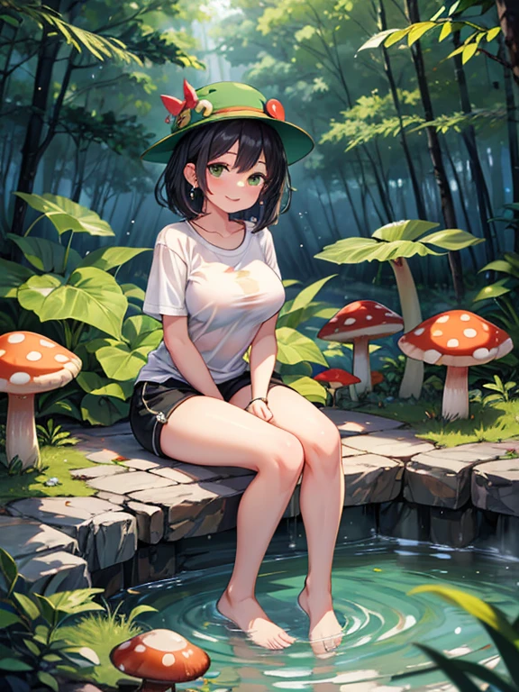 A hot feamle Pokémon Trainer pees in the Forest and looks very Angry at you and large puddle of urine slowly forms behind her
