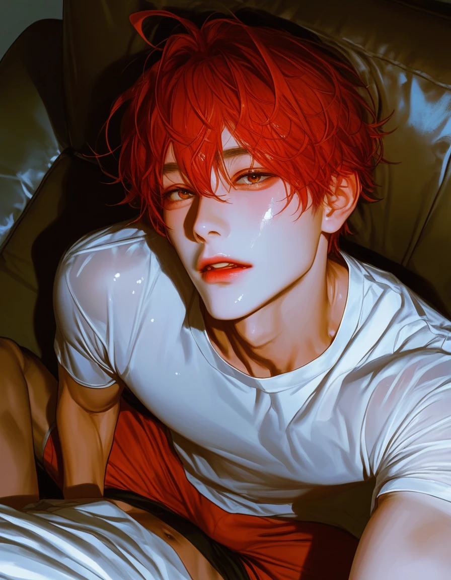 A male，  dark red hair， from the room ，On the bed，fitness， sit-up position on a chair sofa，Head perspective ，look up， Korean comic style ， young and energetic， Good condition ，Very handsome脸瓜子脸，White T-shirt，  White Skin， Wet Hairstyle  ， charming eyes  ， Very handsome