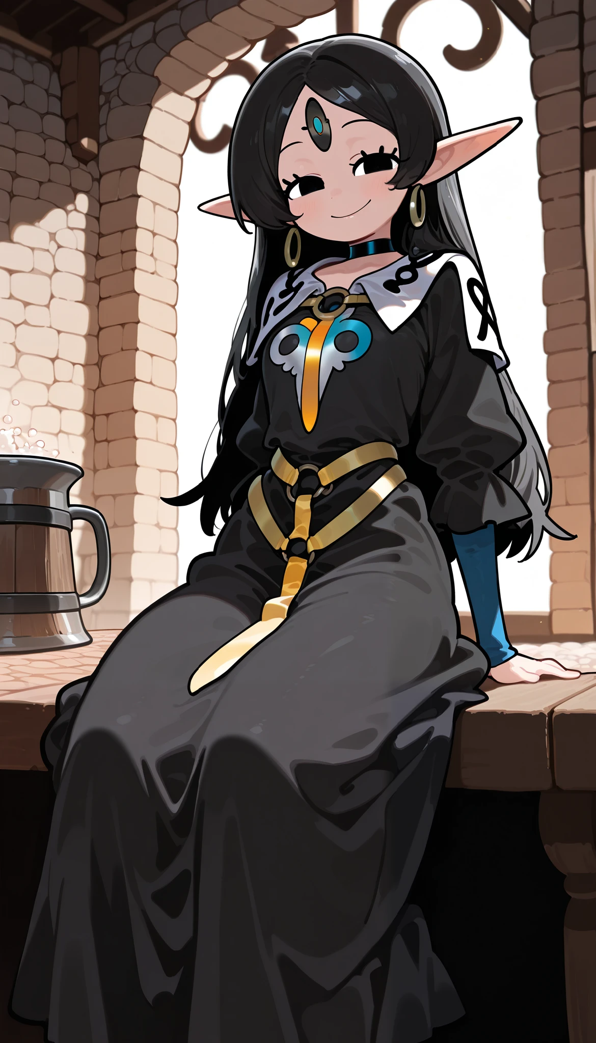a 18 year old slime girl, black skin, medieval tavern