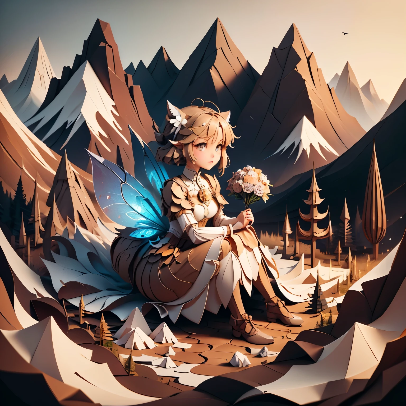 8k, best quality , maximum resolution, replaces an anatomically correct , paper art、The cute female fairy 、 an image of the earth 、The background is a mountain range and rocks、 The image colors are brown, beige, gray, and white、 an element of soil 、 closeup ,