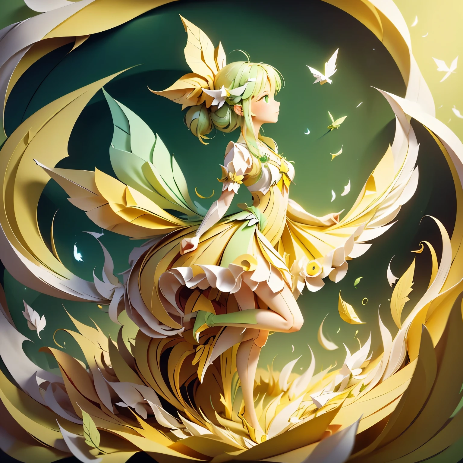 8k,  best quality ,  maximum resolution,   replaces an anatomically correct  , paper art、The cute female fairy 、Wind image 、 background is prairie and sky 、The image colors are yellow-green, yellow, green, and white、 wind elements 、 closeup , Whirlwind、whirlwind、bird
