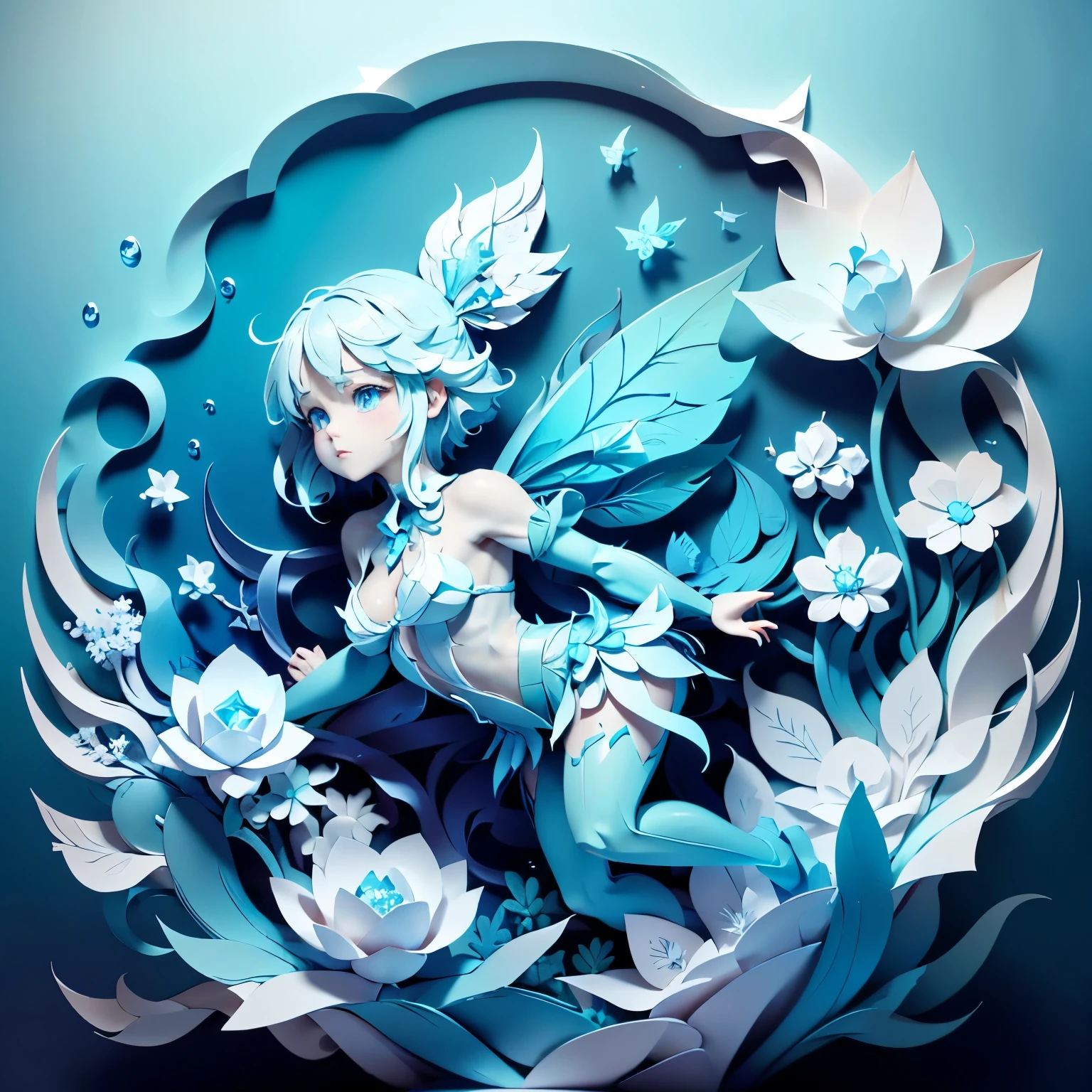 8k,  best quality ,  maximum resolution,   replaces an anatomically correct  , paper art、 cute fairy girl 、Water image 、The background is water, ice, and marine life 、 The image colors are blue, light blue, and white、 water element 、 closeup , 