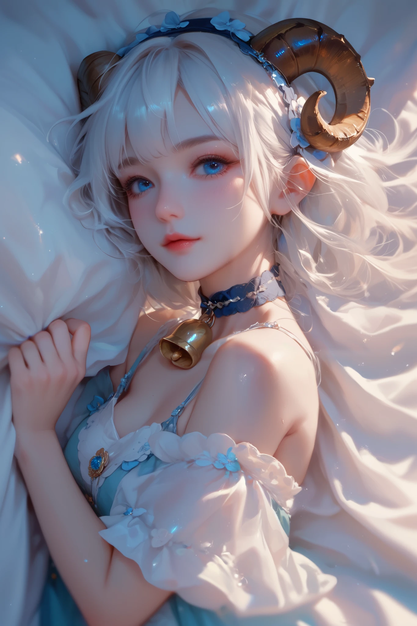 Generate a soft and dynamic stylized illustration of a ethereal and beautiful woman with pale skin, white hair, bangs, blue eyes, and sheep ears (no horns), wearing a white frilly dress in a cute style and a choker with a bell; she is laying on a white silk sheet with lots of plushies and lacey, cute details, elaborate background.