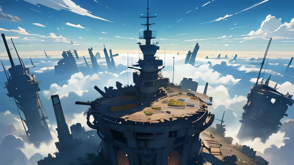 (( Soratrobo's Worldview )),(The broken worldview inside the Sky Island),sea of clouds, Graveyard of Air Battleships ,Blue Sky , Iron Rust Is Decaying,(Floating in the air),(Lots of weapon wreckage),Slam Style ,