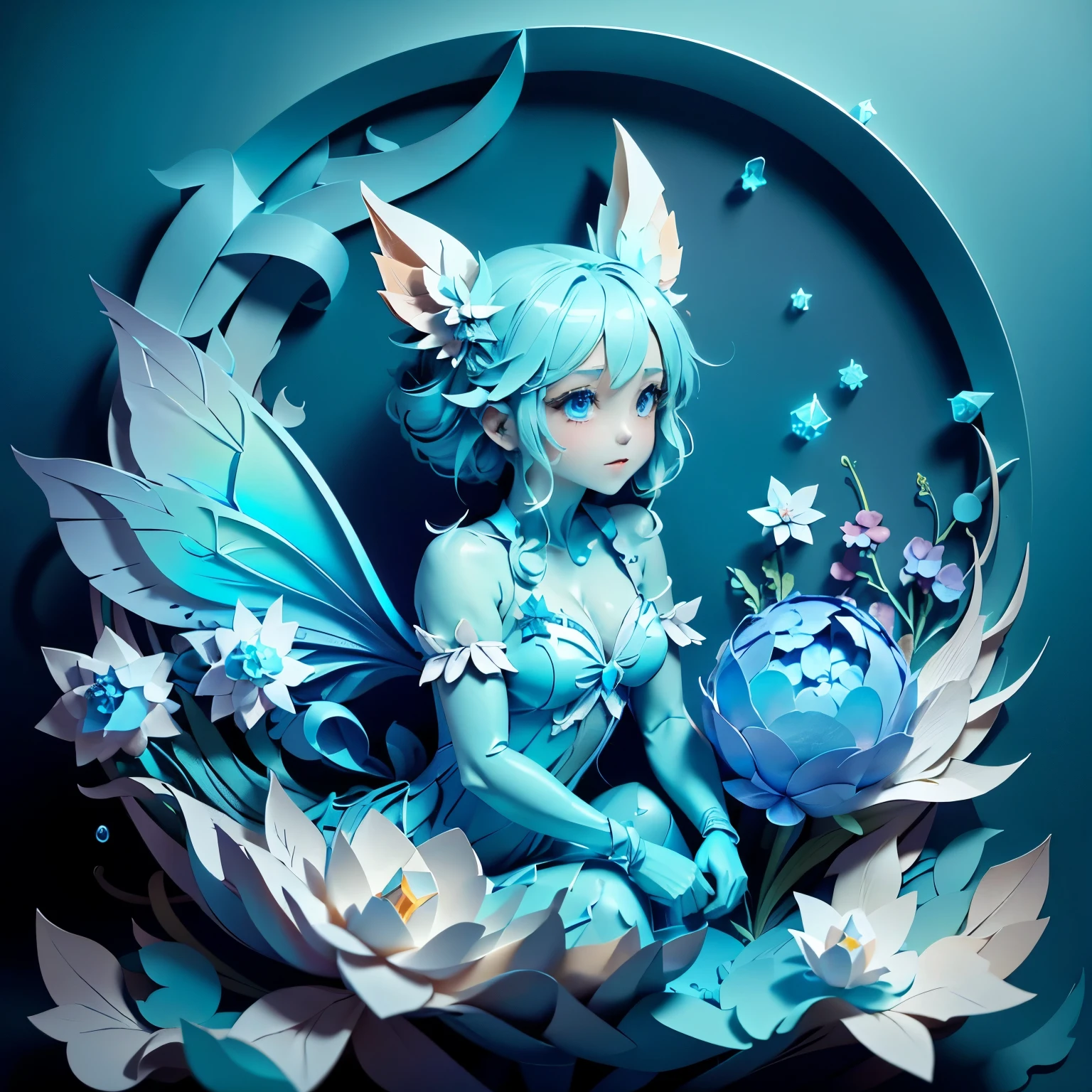 8k,  best quality ,  maximum resolution,   replaces an anatomically correct  , paper art、 cute fairy girl 、Water image 、 background is water or ice 、 image color is blue and light blue、 water element 、 closeup , 