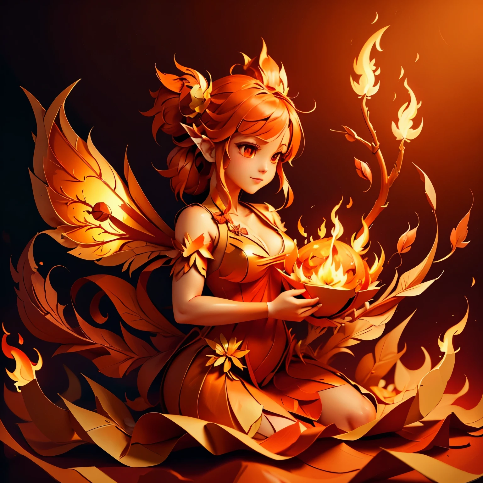 8k,  best quality ,  maximum resolution,   replaces an anatomically correct  , paper art、The cute female fairy 、Fire image 、 Background is flame and fire 、 image colors are red and orange、Fire Element 、 closeup , 