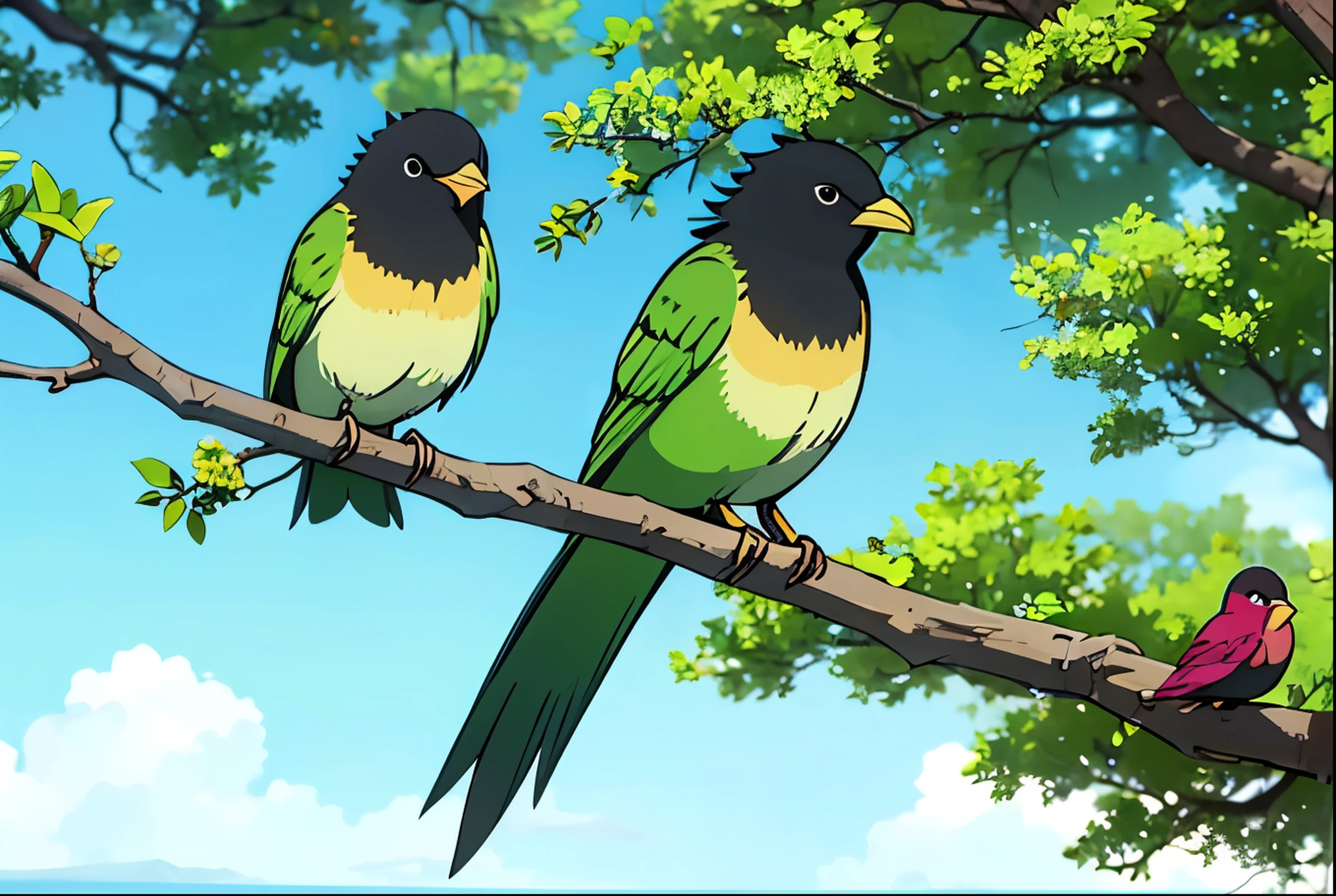 Anime Bird on the branch, tree, sky, Bird on the tree , 2 loving birds, small bird , green tree 