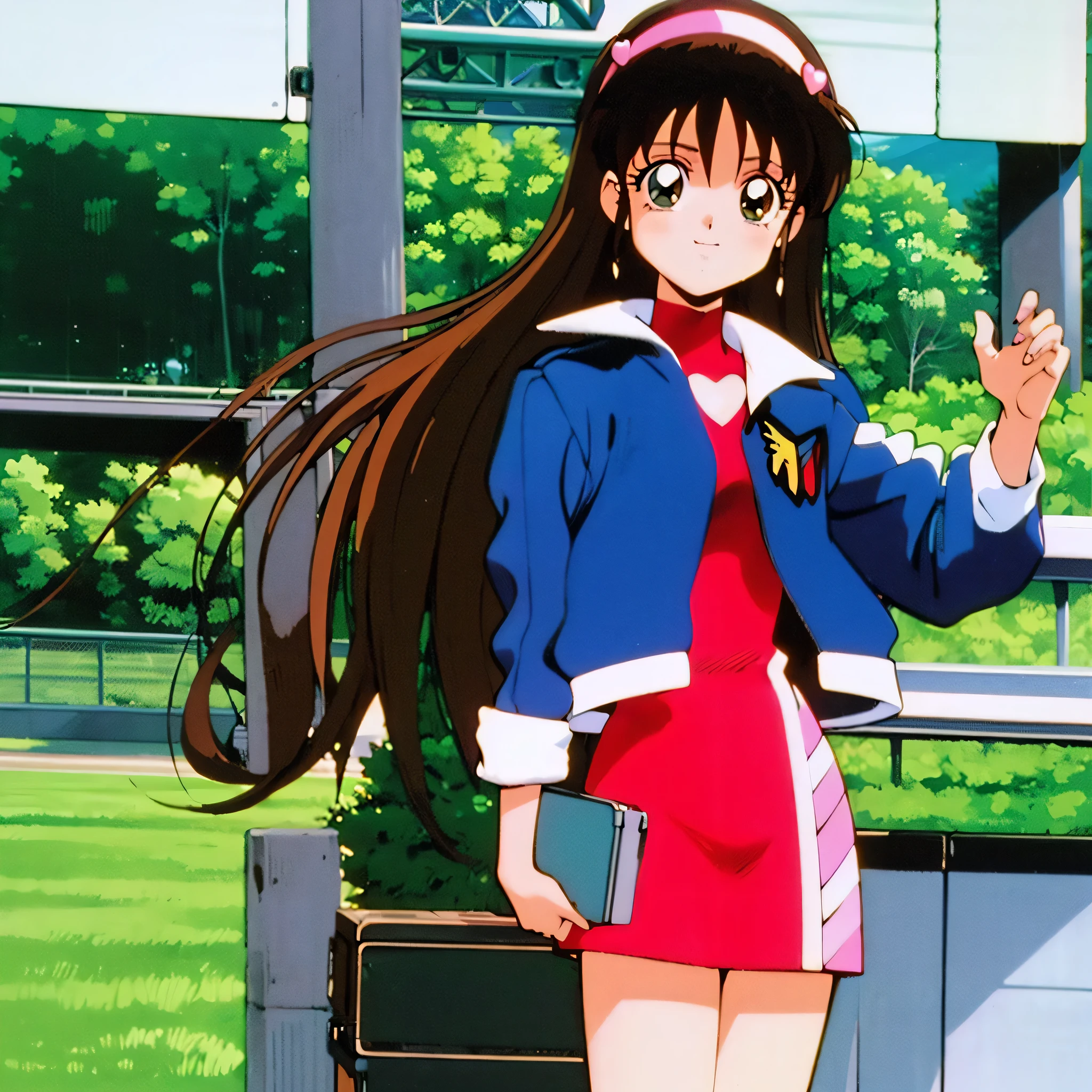 Asusdol, One Girl , Alone, green eyes, heart, hair ornament, jacket, dress,retro art style for stilets,1990s ( style for stilets), looking at viewer, smile, outdoor, null, cowboy shot , clevis cut out, race queen ,round butt