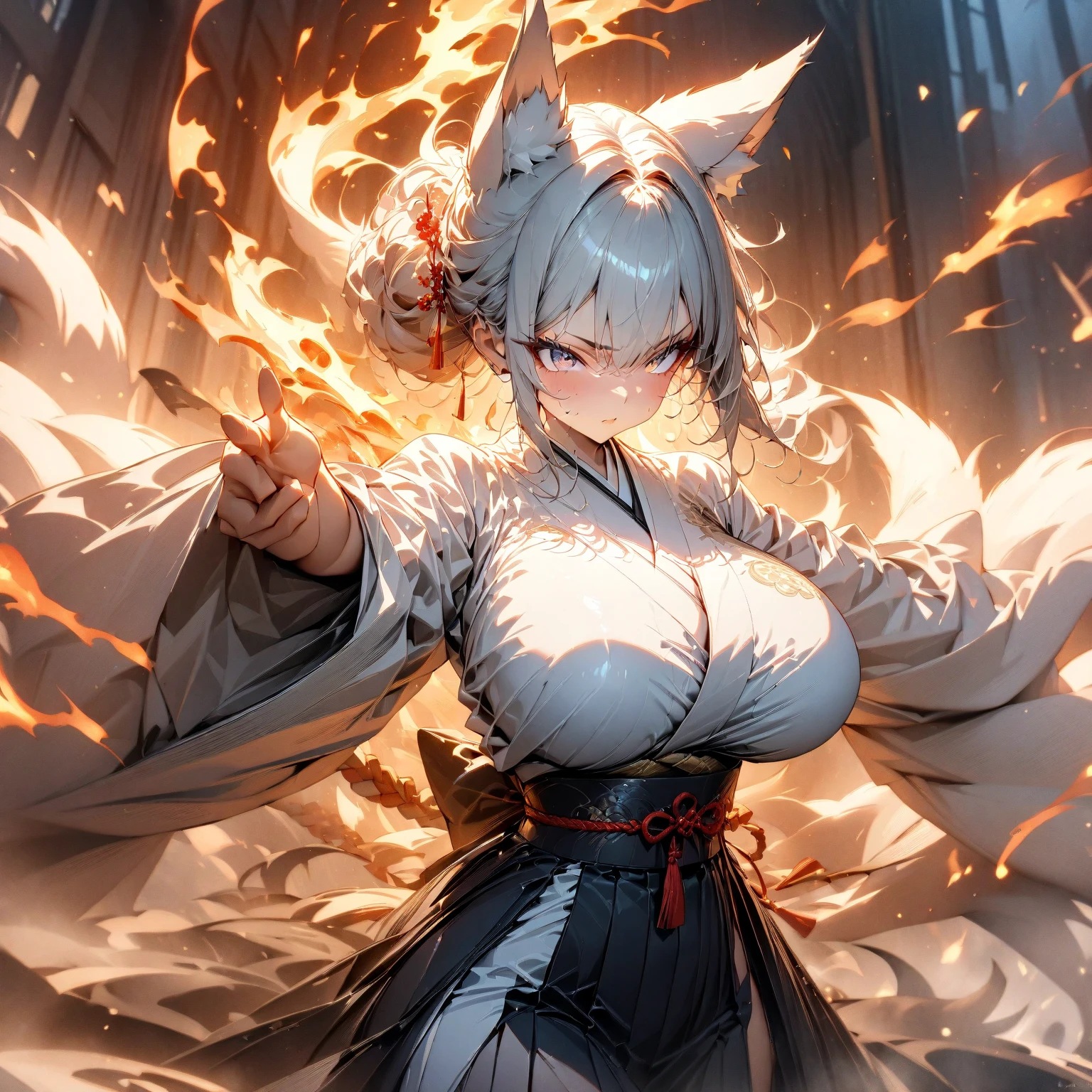 Masterpiece, best quality, realistic, (1 girl: 1.3), blue gold white clothes, shawl long hair, (hair over one eye), (heterochromia), (nude), (completely nude), large breasts, detailed collarbone, perfect collarbone, green gold white clothes, long skirt, long scarf, flowing, light armor, snow white skin, bare shoulders, full body, martial arts, dynamics, flames, particles