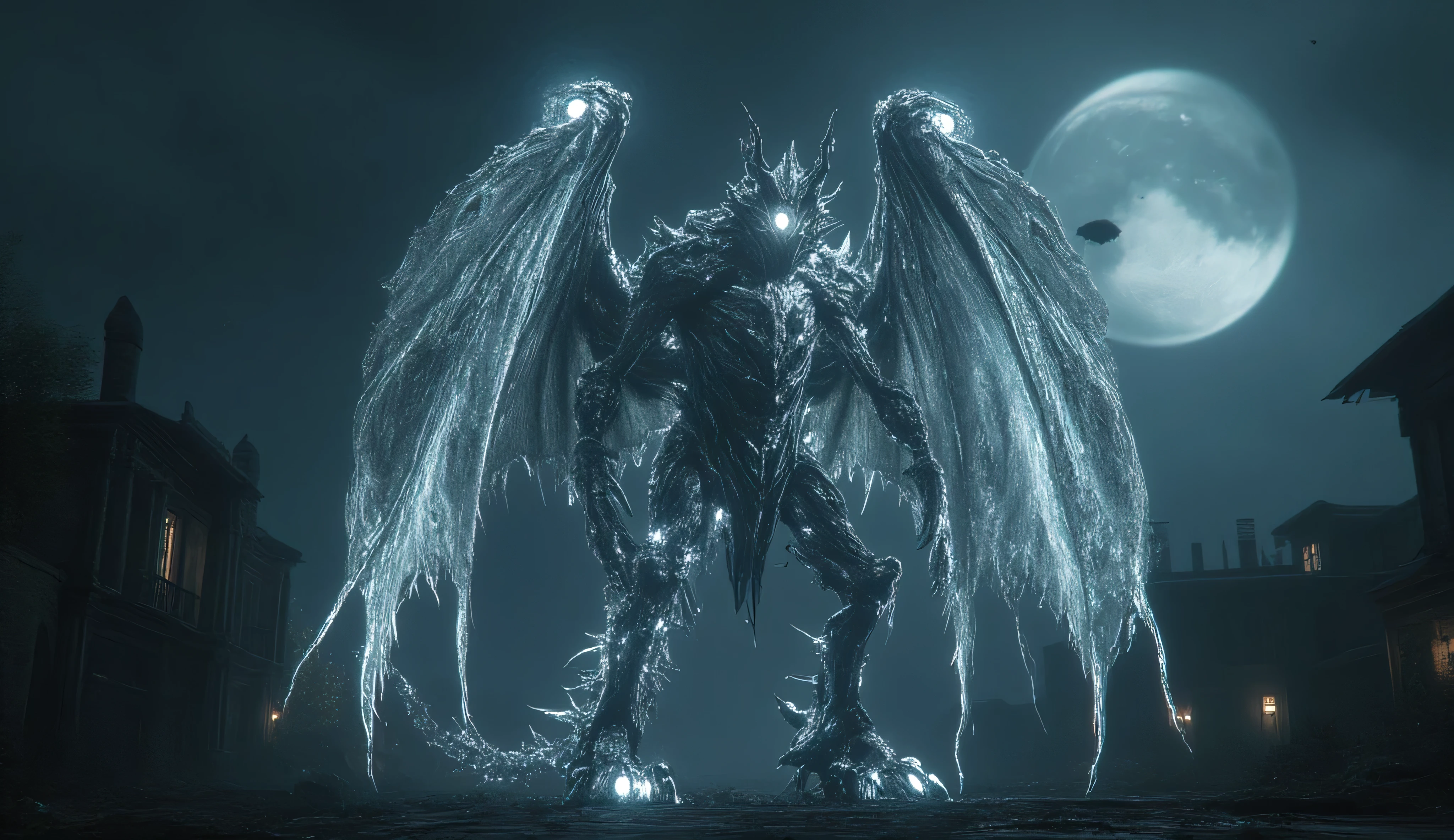 A colossal huge giant crystalline white dragon robot with black elements. two huge creepy crystal wings. His eyes are glowing white. It is covered with thorns. Long and powerful paws. long spiked tail. A big fanged mouth. It is located on the ruins of houses.A bright white moon. It's a dark night. Dark is the lighting. Horror