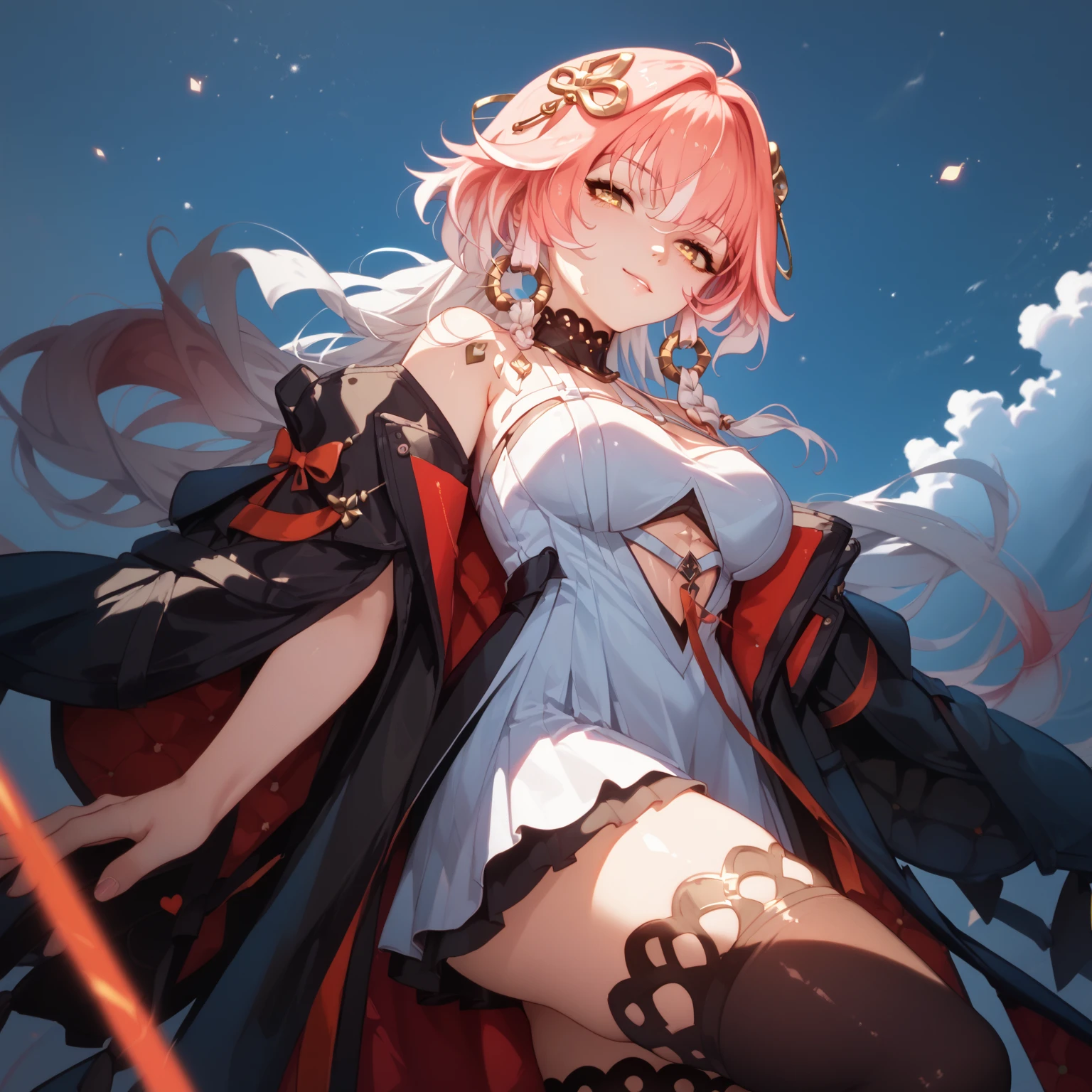 (((Masterpiece))), (best qualighy, best resolution:1.2), beautiful anatomy, perfect body, very delicate, super gorgeous hair, very beautiful hair, high ponytail, pink hair ornament, multicolored hair, absurderes, glowing eyes:1.2, pink impossible dress :1.1, clothes under clothes, full body, pigeon-toed, holding magical girl stick, (big and kawaii puff scenery), unique art, most beautiful art, ((ultra detailed)), beautiful details, ((nice drawn hands and fingers)), (most beautiful legs), depth in field, cinematic lightining, colorful, intricate, mesmerizing
