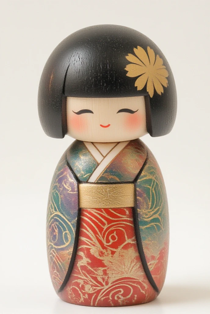  
The kokeshi's body features beautiful Japanese patterns intricately carved and vividly painted.kokeshis Kimono is decorated with a beautiful japanese pattern.