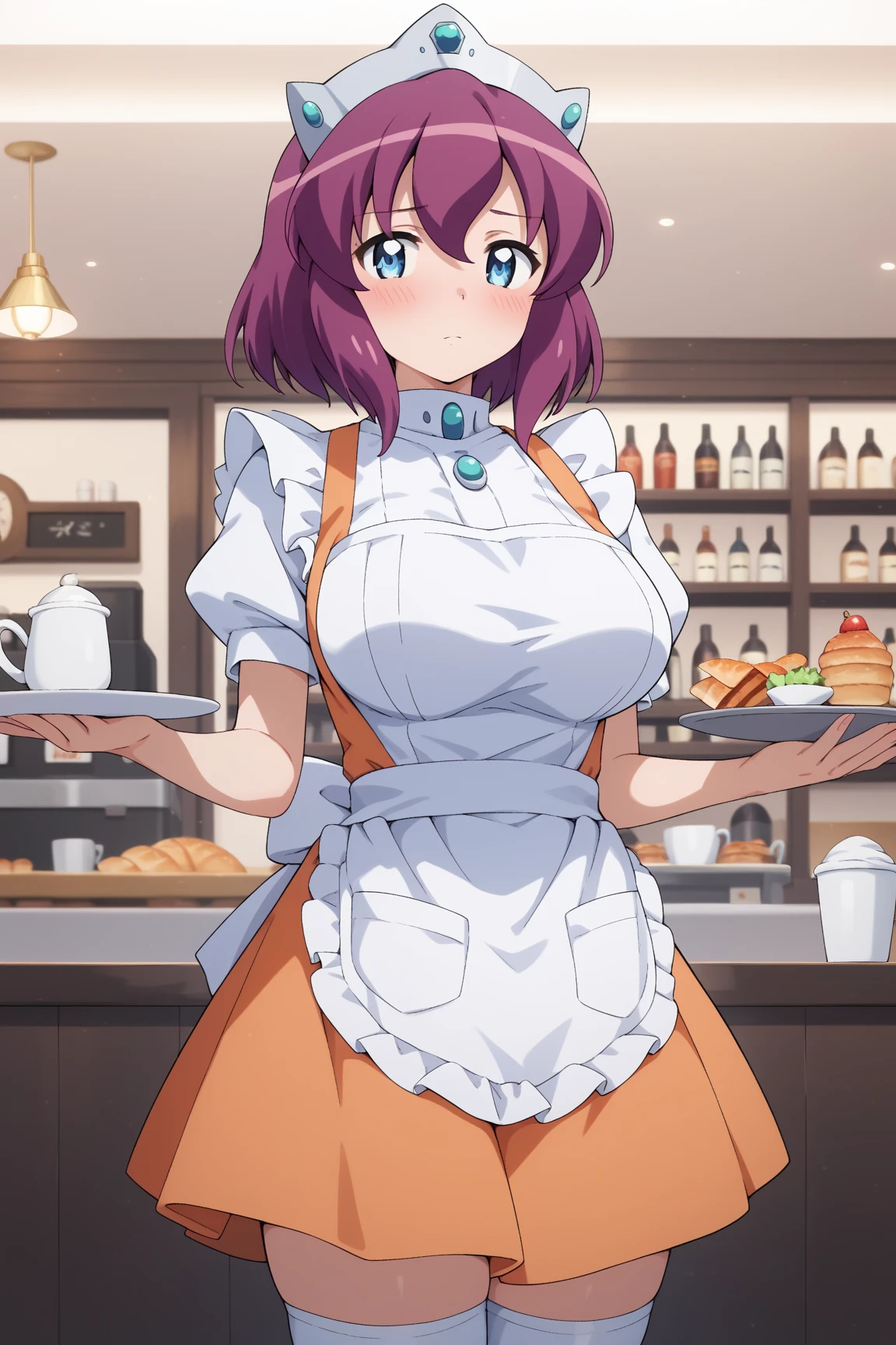 (masterpiece)1 girl, Maki Nishikino、Maid clothes、waitress uniform、highest quality, expressive eyes, perfect face, upper big body, smile, blush, indoor,coffee shop、a lot of people、Day, simple background, lie down, looking for , bright sky, looking for at viewer, stage, moody lighting、very big breasts、cleavage、nipples are transparent、A lot of milk comes out from the nipples、Breast milk squirts out of the nipples、put the chest on the tray、standing position、whole body、mini skirt、Detailed female genital shape clearly visible