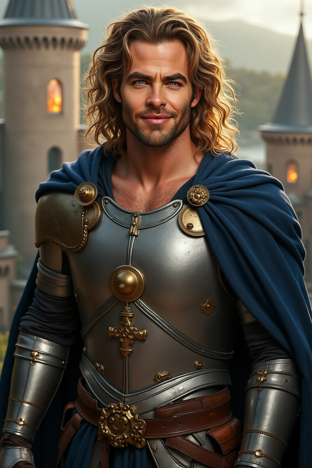 A tall, muscular male renaissance knight with long, messy, curly golden brown hair. He has hazel eyes and he is smiling. He is wearing tight, skimpy silver armor with a indigo cape, indigo thong, and indigo gloves. He has a bulge, he has big nipples, and he has a hairy chest. He has hairy legs. He has a hairy stomach. He has hairy arms. His hands are on his hips. He is standing in front of a beautiful medieval castle. He is carrying a sword and shield.