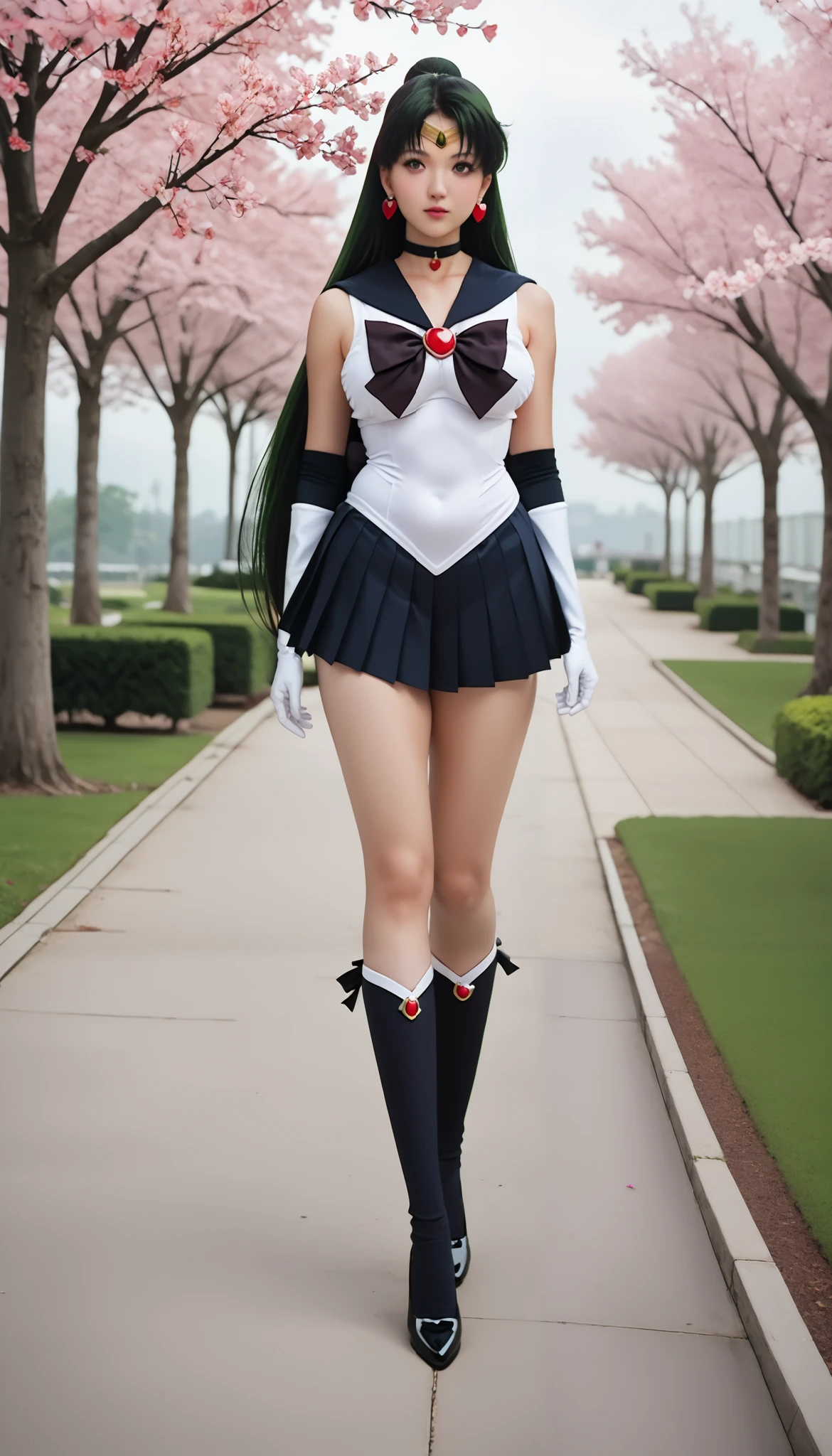 zPDXLrl, score_9, score_8_and_above, score_7_and_above, explicit ranking, masterpiece, best quality, ultra HD quality details, realistic, 1 girl, magical girl, tall and big body, (((height 170, weight 55))), walking, Sailor Pluto (セーラープルート, Sērā Purūto), large breasts, firm breasts, large buttocks and hips, large thighs, long hair (((super long hair down to the knees))), straight hair, super dark green hair, parted bangs, green eyes, ribbon, brooch, choker necklace, earrings, tiara, elbow gloves, white gloves, black gloves at the elbow, heart brooch, dark red brooch, magical girl, dark brown ribbon, black choker, sailor collar, black skirt, underwear, white underwear, pleated skirt, super short mini skirt, black sailor collar, senshi sailor uniform, tight clothes, stud earrings, white gloves, full body, long shot, in the park, garden path, super big cherry blossom trees, many big cherry blossom trees ((on both sides of the path)), daytime, overcast weather.