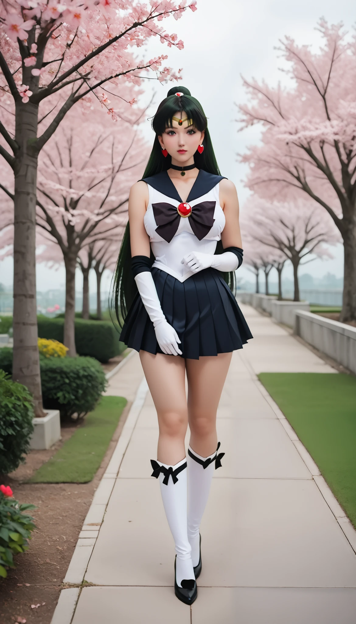 zPDXLrl, score_9, score_8_and_above, score_7_and_above, explicit ranking, masterpiece, best quality, ultra HD quality details, realistic, 1 girl, magical girl, tall and big body, (((height 170, weight 55))), walking, Sailor Pluto (セーラープルート, Sērā Purūto), large breasts, firm breasts, large buttocks and hips, large thighs, long hair (((super long hair down to the knees))), straight hair, super dark green hair, parted bangs, green eyes, ribbon, brooch, choker necklace, earrings, tiara, elbow gloves, white gloves, black gloves at the elbow, heart brooch, dark red brooch, magical girl, dark brown ribbon, black choker, sailor collar, black skirt, underwear, white underwear, pleated skirt, super short mini skirt, black sailor collar, senshi sailor uniform, tight clothes, stud earrings, white gloves, full body, long shot, in the park, garden path, super big cherry blossom trees, many big cherry blossom trees ((on both sides of the path)), daytime, overcast weather.