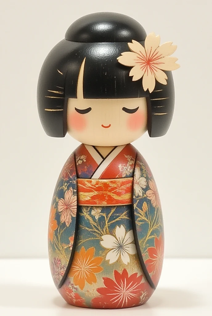 The kokeshi's body features beautiful flower patterns intricately carved and vividly painted.kokeshis Kimono is decorated with a beautiful pattern.