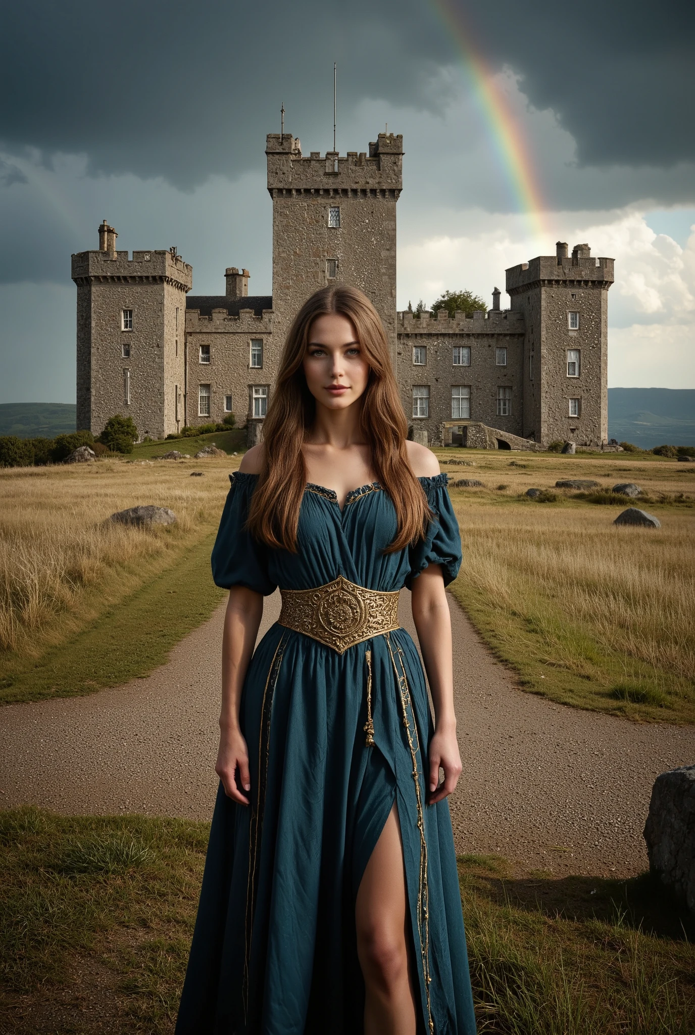 Create an image of an exceptionally beautiful woman wearing an ancient Greek maiden's outfit. She has a defined part in her hair and a slender physique with long, delicate legs. The composition should be a cowboy shot, with her gazing directly at the viewer, featuring an old-fashioned smile. The background should depict a stunning Scottish castle, exuding a dreamlike beauty. After a storm, sunlight breaks through dark clouds, creating a rainbow and an ethereal atmosphere.
