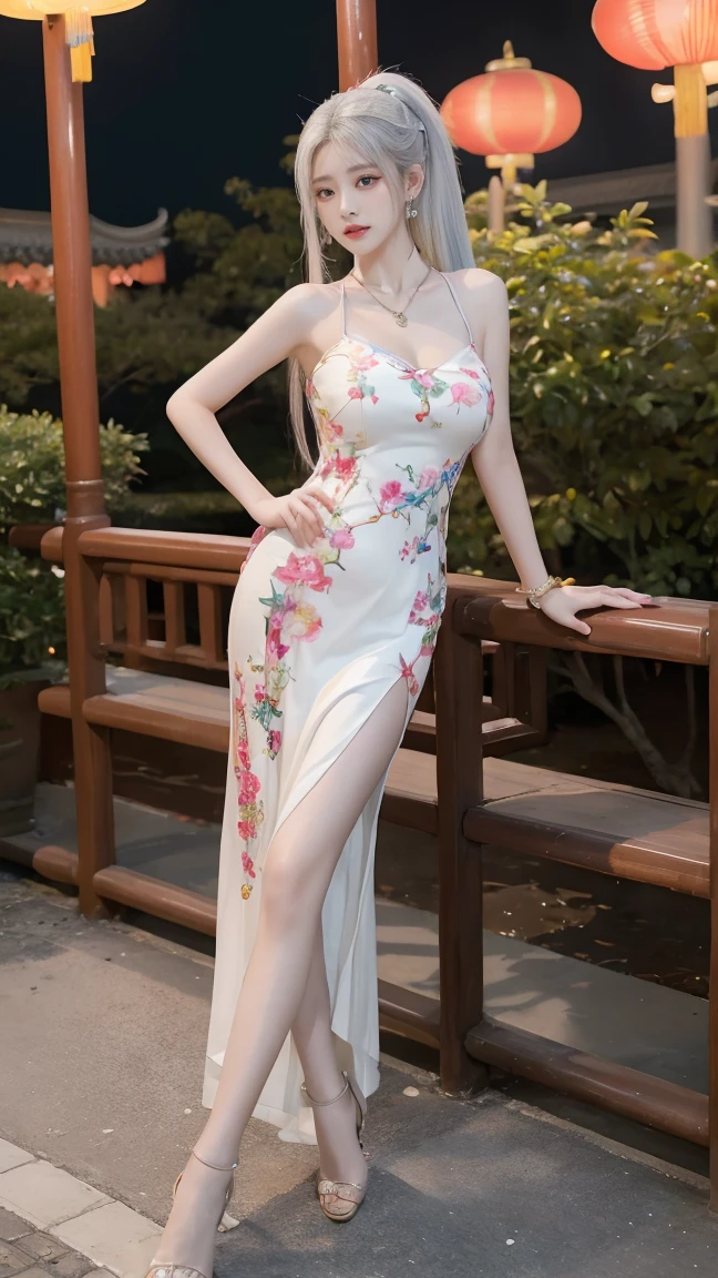 Full body of a girl standing in a Chinese palace square,Sexy and seductive girl,((Full body standing posture)),(Side angle),((slouchのセクシーポーズ:1.2)),(Upturned hips),((slouch)),((Lift your chest with your arms crossed:1.2)),Chest to chest,Wearing a very long sexy lace Chinese dress,A Chinese dress made of very thin fabric,A tight-fitting Chinese dress,Extra long side slits up to waist height,You can see her string panties through the slit,Long eyelashes,double eyelid,Detailed eyes,Large Breasts,Cleavage,Small waist,Attractive thighs,Long legs,Perfect proportions,Perfect body,Anatomically accurate body,Anatomically correct fingers,I am looking at this,(Chinese style twin bun hairstyle),masterpiece,Photorealistic,High resolution:1.2,High definition:1.2,Highest quality:1.2