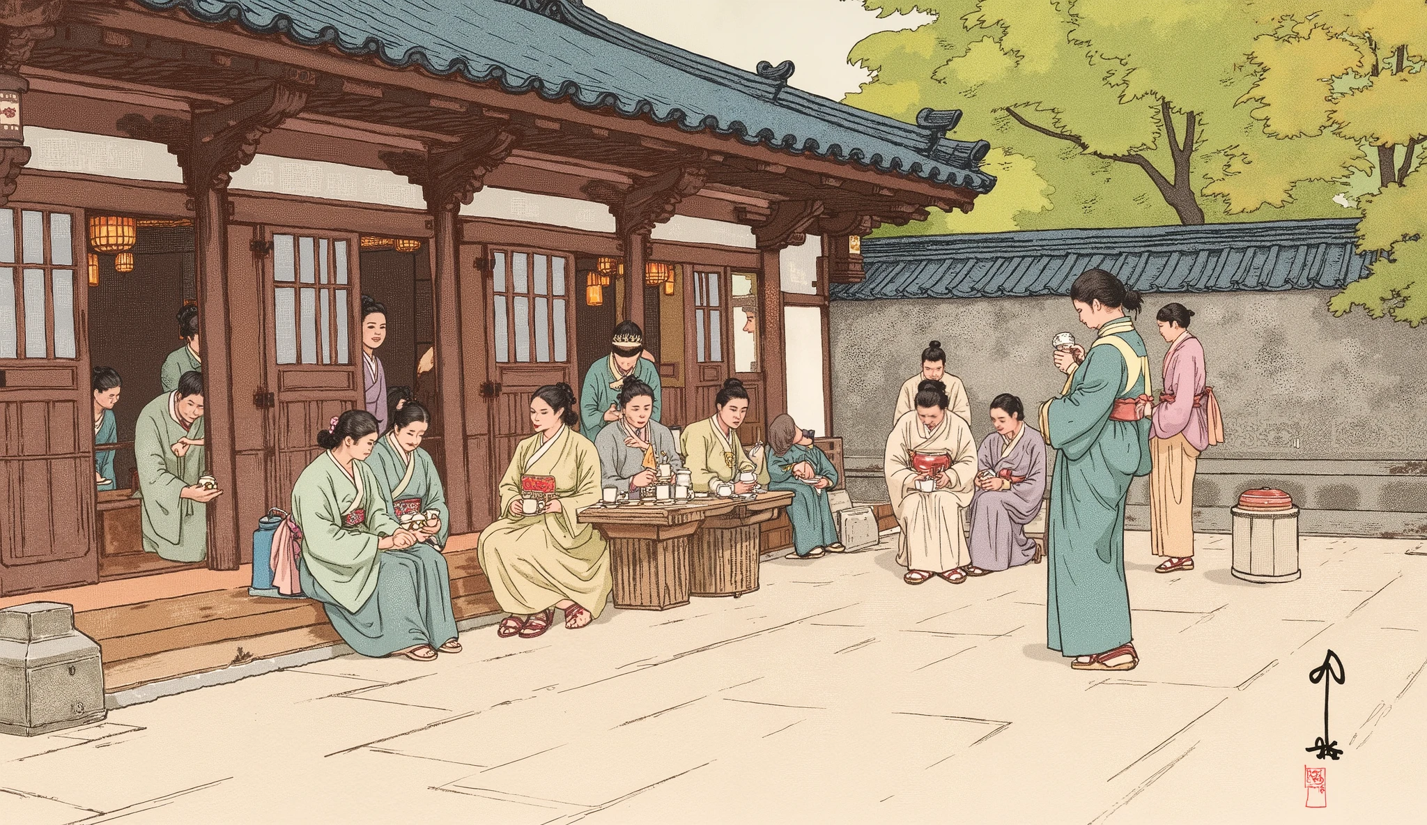 "A vibrant line art illustration of adults wearing traditional Chinese clothing, gathered beside a traditional building to enjoy a tea ceremony. The figures are dressed in intricately detailed hanfu in soft, natural hues like pastel blues, greens, and golds, with fine embroidery. Some are gracefully pouring tea from elegant teapots into delicate cups, while others are seated, engaging in peaceful conversation. The traditional building in the background features ornate curved roofs and wooden panels, subtly illuminated by the warm glow of lanterns. The atmosphere is serene and cultural, blending the elegance of traditional Chinese architecture with the harmonious activity of tea appreciation, depicted in a style combining traditional ink drawing techniques with muted, harmonious colors."