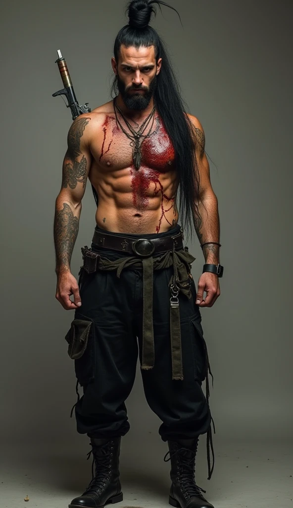 ((best quality)), ((masterpiece)), (detailed), scarred face, muscular arms, chains and barbed wire wrapped around chest, torn clothes, burn scars, red hands, veiny, red eyes, sharp teeth, long black hair, male, large goin bulge, ashes and embers in the air, fire and smoke, darkness, cuts and scars, long tongue, very long tongue,