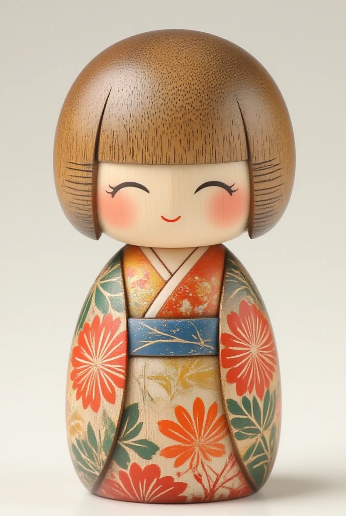 The kokeshi's body features beautiful flower patterns intricately carved and vividly painted.kokeshis Kimono is decorated with a beautiful pattern.