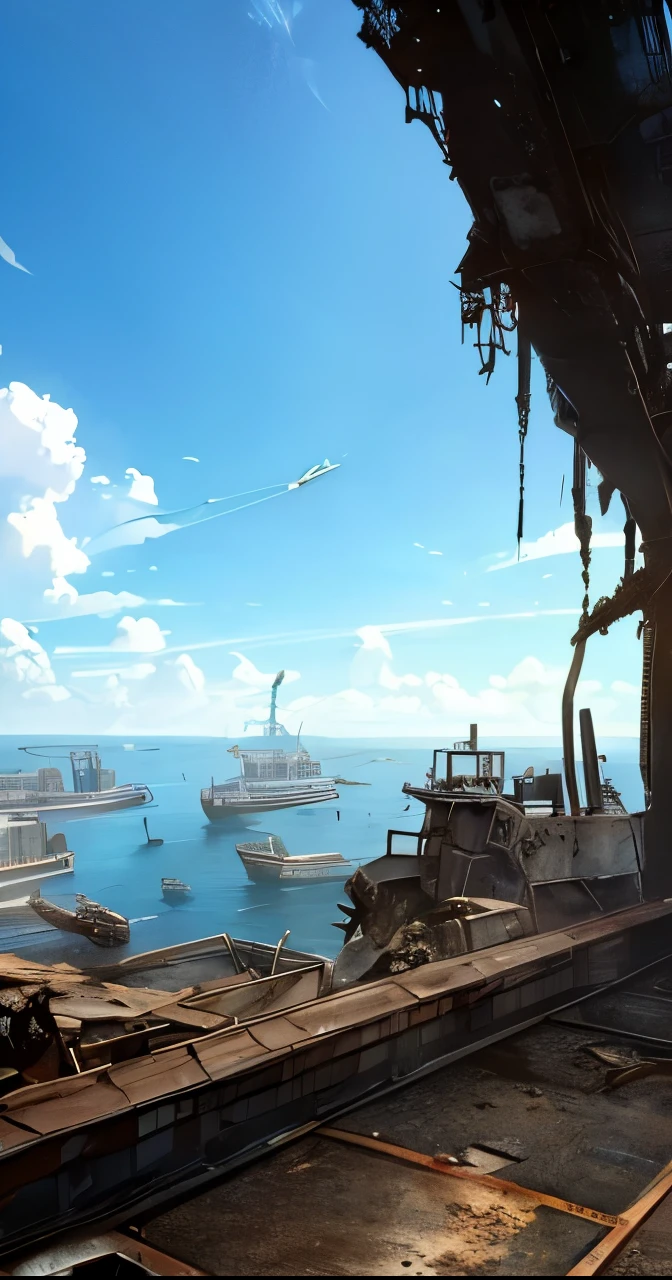 (( Soratrobo's Worldview )),(Ruined battery site inside Sky Island),sea of clouds, Graveyard of Air Battleships ,Blue Sky , Iron Rust Is Decaying,(Floating in the air),(Lots of weapon wreckage),Slam Style ,