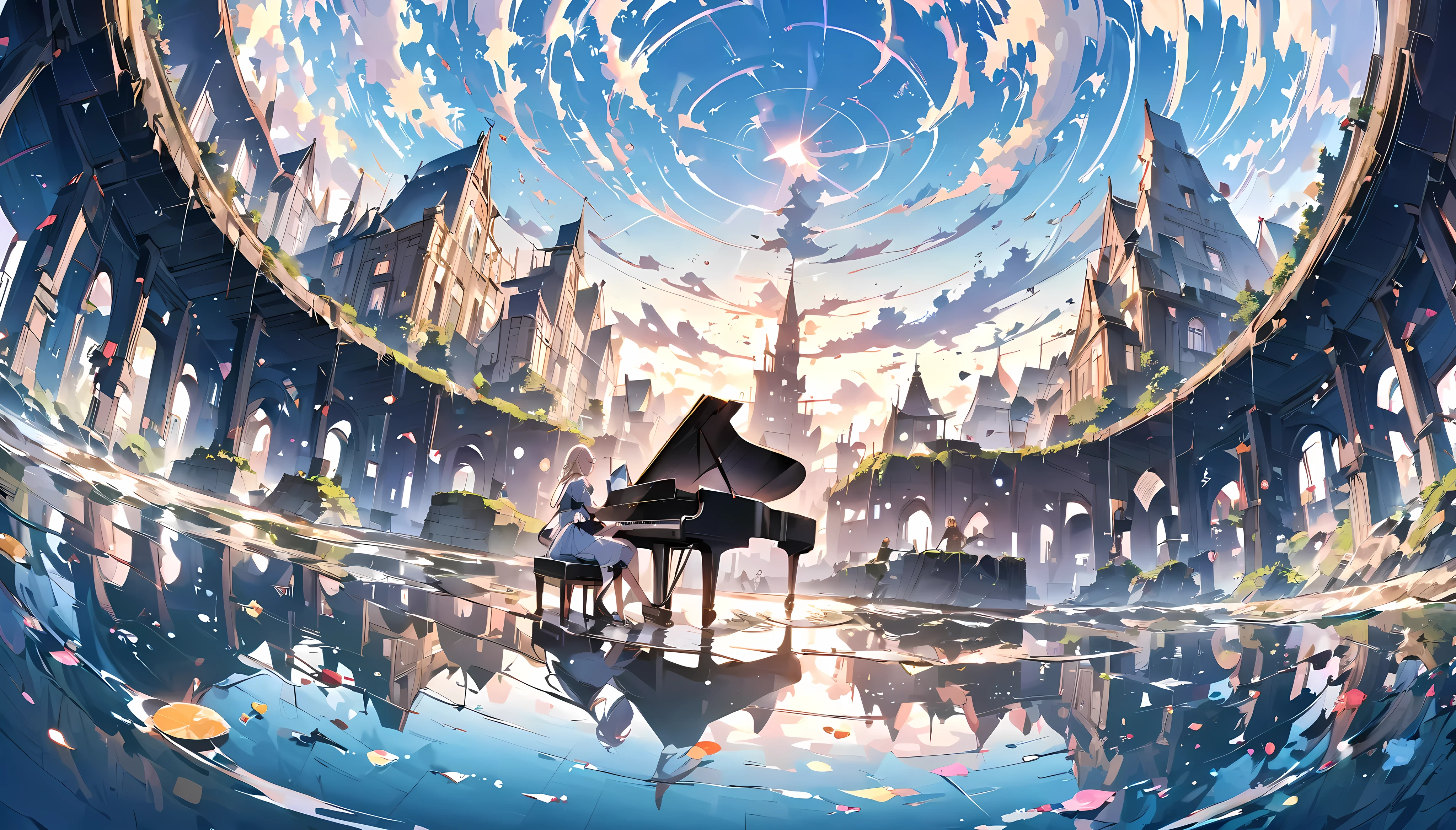 Zoom up on hands 、Play the Piano Female 、 fisheye lens、Flare Lens、Scenery Reflected in Puddles 、 fisheye lens、Lake in ruins 、 piano floating above the lake、Play the piano、 mystical scenery、(Masterpiece, best quality , Official Art:1.2), Grand Play the Piano Girl in Desolate Ruins , Floating Colorful Water, Details, dynamic angles , beautiful Details, 8k, break smiling amidst the カラフル scenes, ( best quality , Masterpiece, high resolution, Details), anime style, ( eyeliner , Details Beautiful Face ), break, dynamic angles