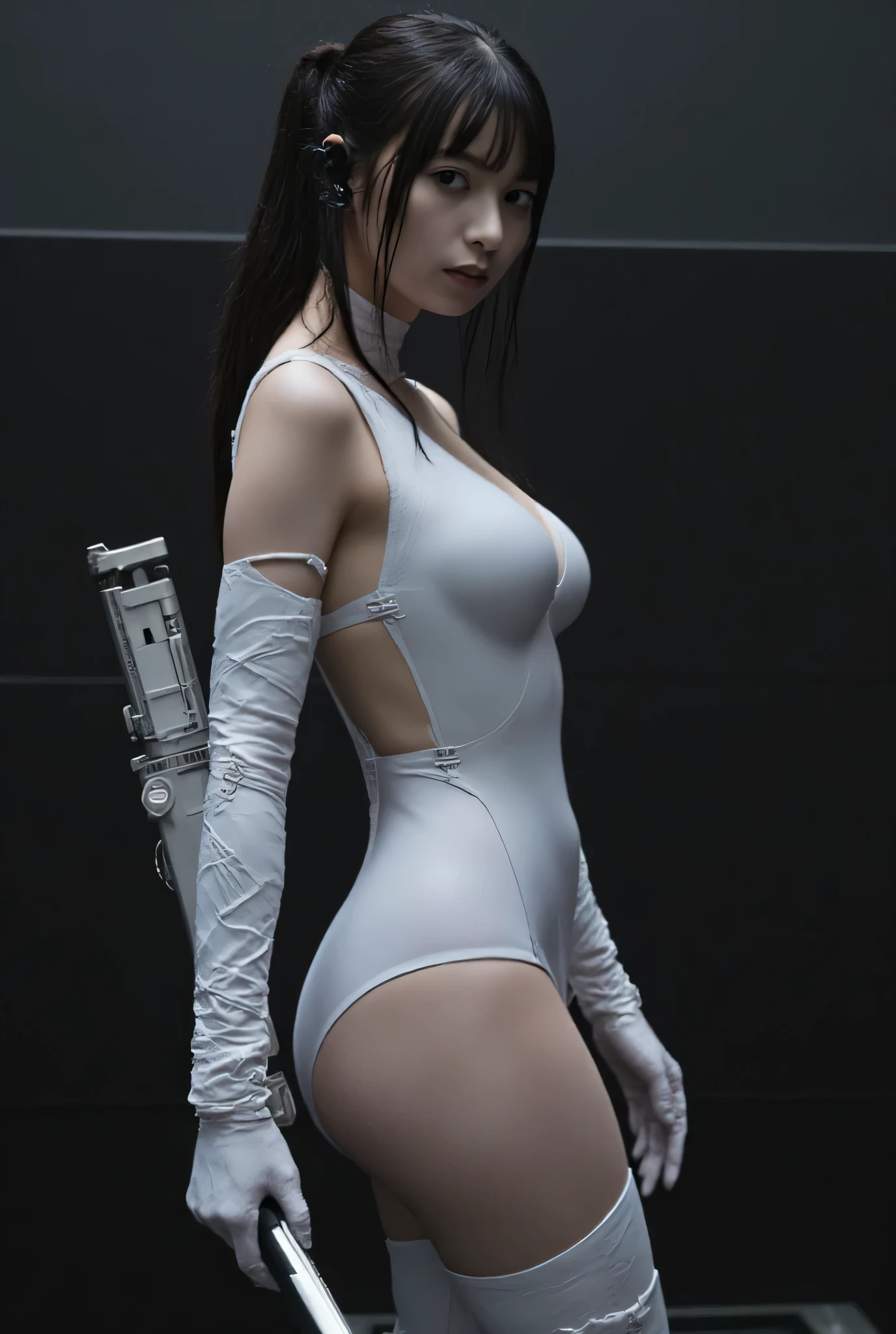 masterpiece、((white leotard))、 ((plugsuit)), ((a beauty girl:1.2))、I don't have both arms.、Some mechs、Mechanized body、Mechanized chest and abdomen、Mechanized occipital、Mecha leg rack metallic suit that fits perfectly to the body、is standing、Tied up、金属机器人、((Cyberpunk background))、(Neon light)、(Background of the machine shop of the future)、Cyberdyne、Artificial bodies、All-metal body、Ironwork、Abdominal mechanism、((机器人アームとハンド))、((机器人の脚))、((Cervical part of the machine))、Inside the spaceship、a beauty girl、、Asian Beauty, (Actuator and cable exposed on abdomen.、首から下は金属製机器人の本体です、Complex 3d rendering beautiful porcelain profile super detailed female android face、cyborgs、机器人部品、150mm、beautiful studio soft light、Rim Lights、vibrant detail、luxuriouscyberpunk、Ren Hao、surrealistic、Anatomical、face muscles、cable electric wires、microchips、elegent、beatiful backgrounds、octan render、HR Giger Style、8K、top-quality、masterpiece、illustratio、extremely delicate and beautiful、 extremely details CG、Unity、wall-、(realisitic、Photorealsitic:1.37)、astonishing、detaile、masterpiece、best qualtiy、Official art、Highly detailed CG Unity 8k wallpaper、absurderes、信じられないほどabsurderes、、机器人、Silver Halmet、full body Esbian、is standing