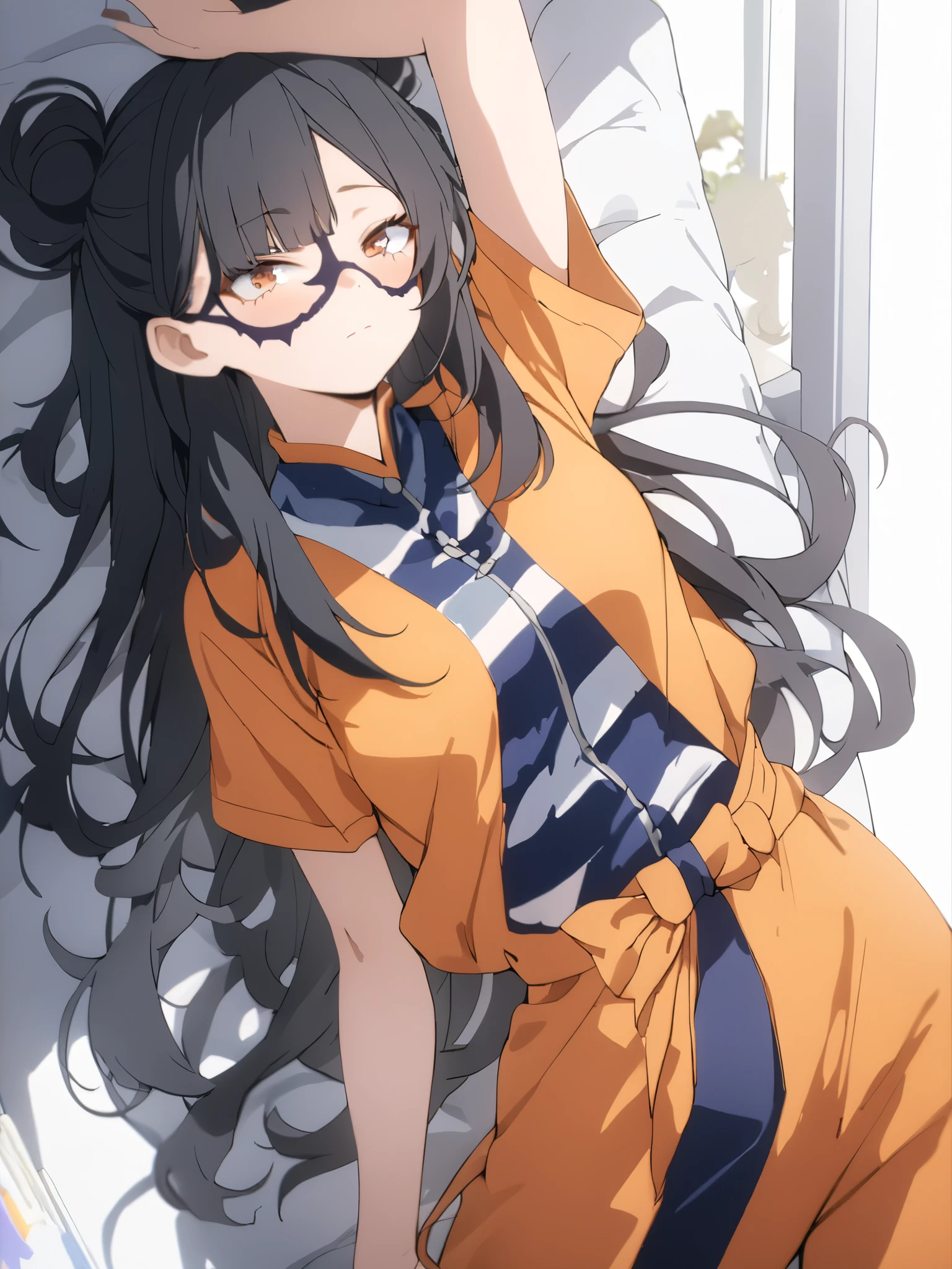 Black hair tied into high bun, disheveled bangs swept to the right, two long strands of disheveled hair that reach above waist, orange eyes, fair complexion, female, Blue and orange full-body jumpsuit, orange and blue eye mask, masterpiece, 4k, highres, high quality, high detail