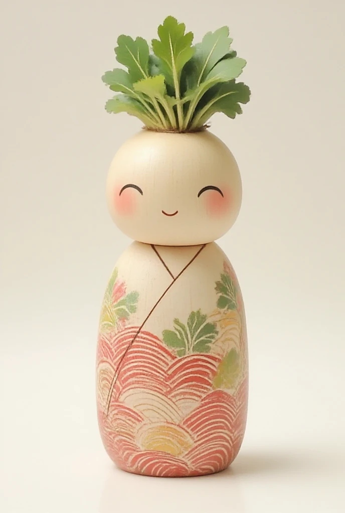 The kokeshi's body features beautiful Japanese daikon patterns intricately carved and vividly painted.