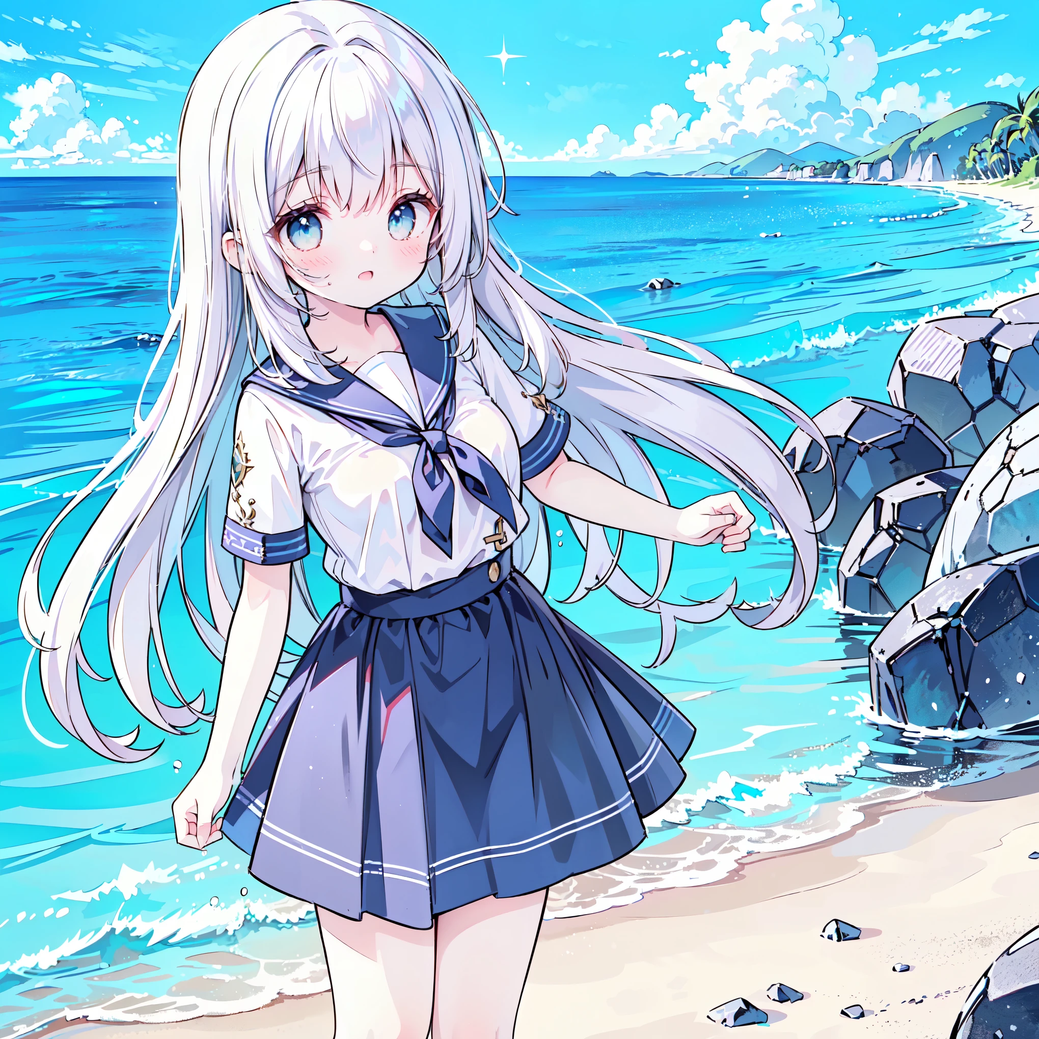 ((( more details, highly detailed CG, masterpiece, High Quality , 4K, high resolution, sharp concentration, Take a commemorative photo on a sandy beach with the calm and beautiful sea in the background, anime style illustration near the sparkling ocean ))),(Alone:2), cute, Smiling Brightly , light blue eyes,(A girl is standing on the beach:1.4), navy blue sailor suit,(Short sleeve:2),( dark blue skirts ),( slightly bulging breasts:1.2), Clear Skin, Fluttering Skirt , barefoot,((long hair)),Neat hair, tea hair,Gentle Breeze, White Clouds ,blue sky, watching viewers, I'm ashamed, dynamic ,