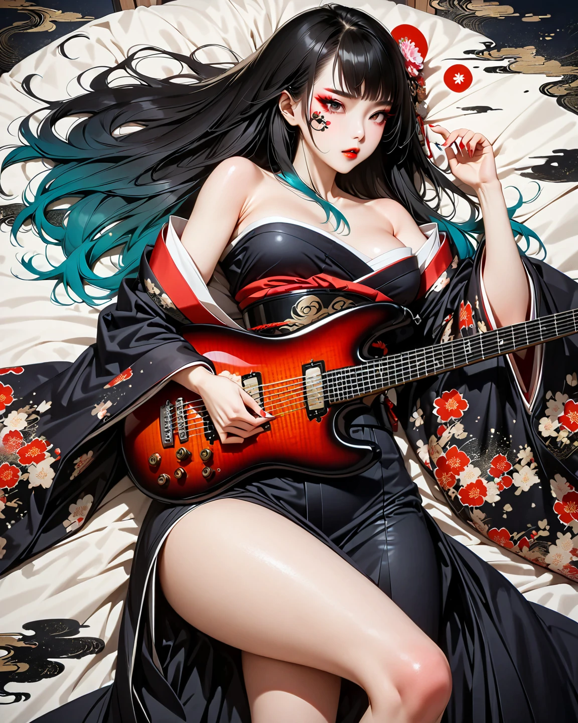 Beautiful Japan geisha playing electric guitar (Les paul), actionpose, The whole body fits the canvas, Red lips, Beautiful face, Flashy flower kimono, Skull and dragon pattern, White background, locks, ((masutepiece)), ((Ultra-detailed writing)), ((8k picture)),