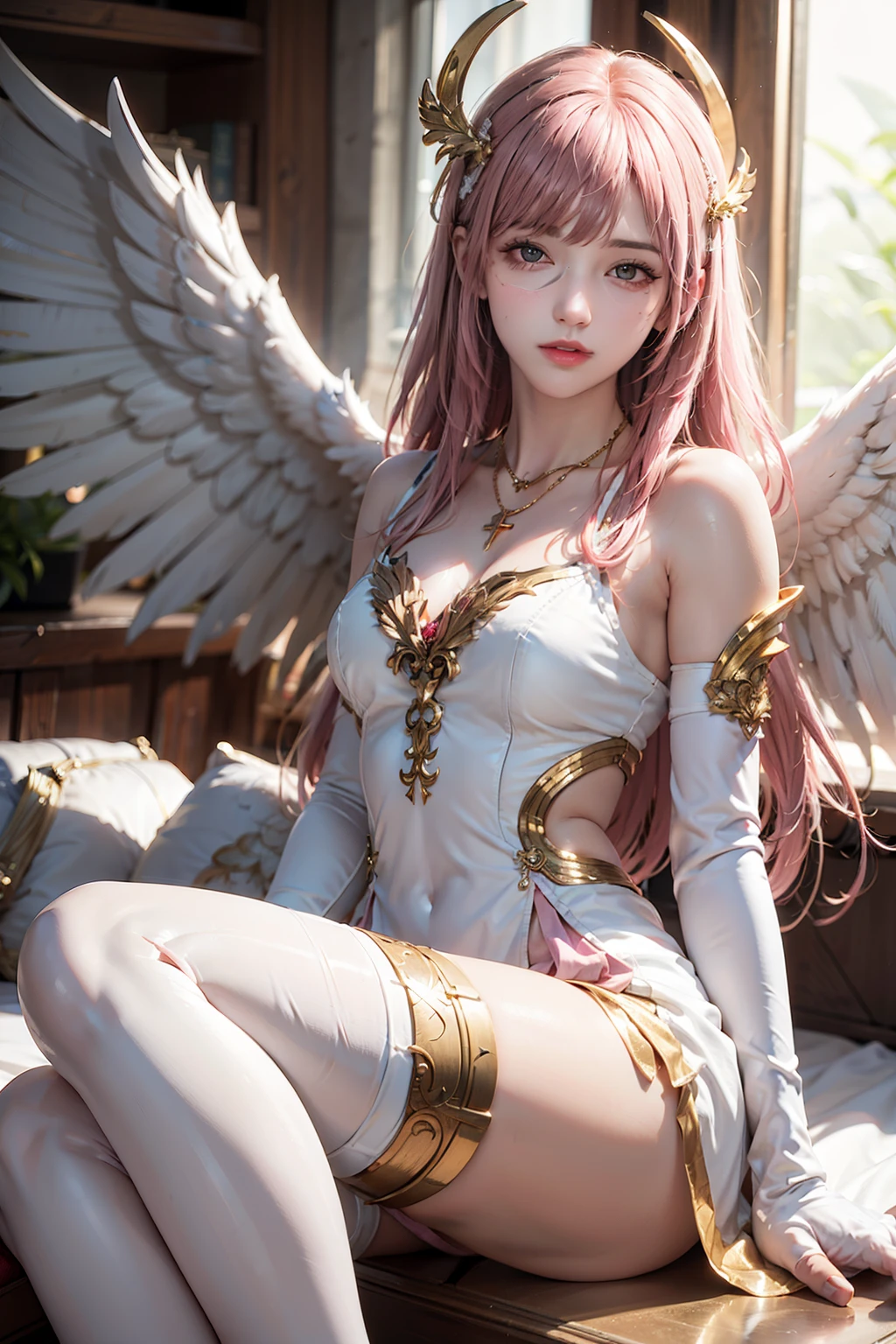 Women, early 20s, long silky pink hair, angel wings, white silk clothes, skirt, thighighs, gold armlet, gold bracelet, golden leather sandals, yellow eyes, modest dress, thighlet.