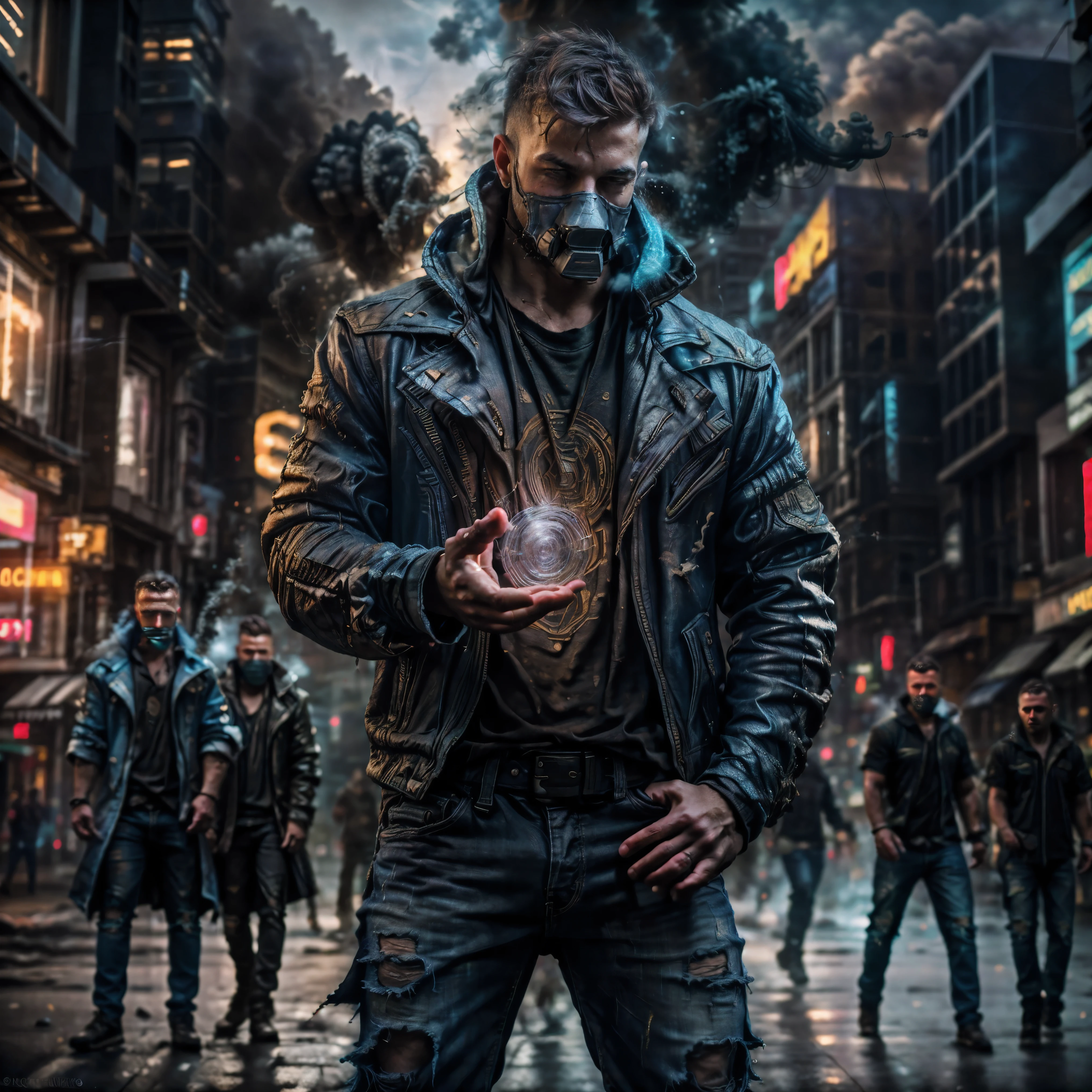 realistic, ((masterpiece)), ((best quality)), (detailed), cinematic, dynamic lighting, soft shadow, detailed background, professional photography, depth of field, intricate, detailed face, subsurface scattering, realistic hair, realistic eyes, muscular, manly, photo of a handsome man, blue-smoke, (swirling smoke everywhere), dynamic pose, fighting stance, punk jacket, torn clothes, t-shirt, ripped jeans, gas mask, messy hair, outdoors, urban, city, street, post-apocalypse,