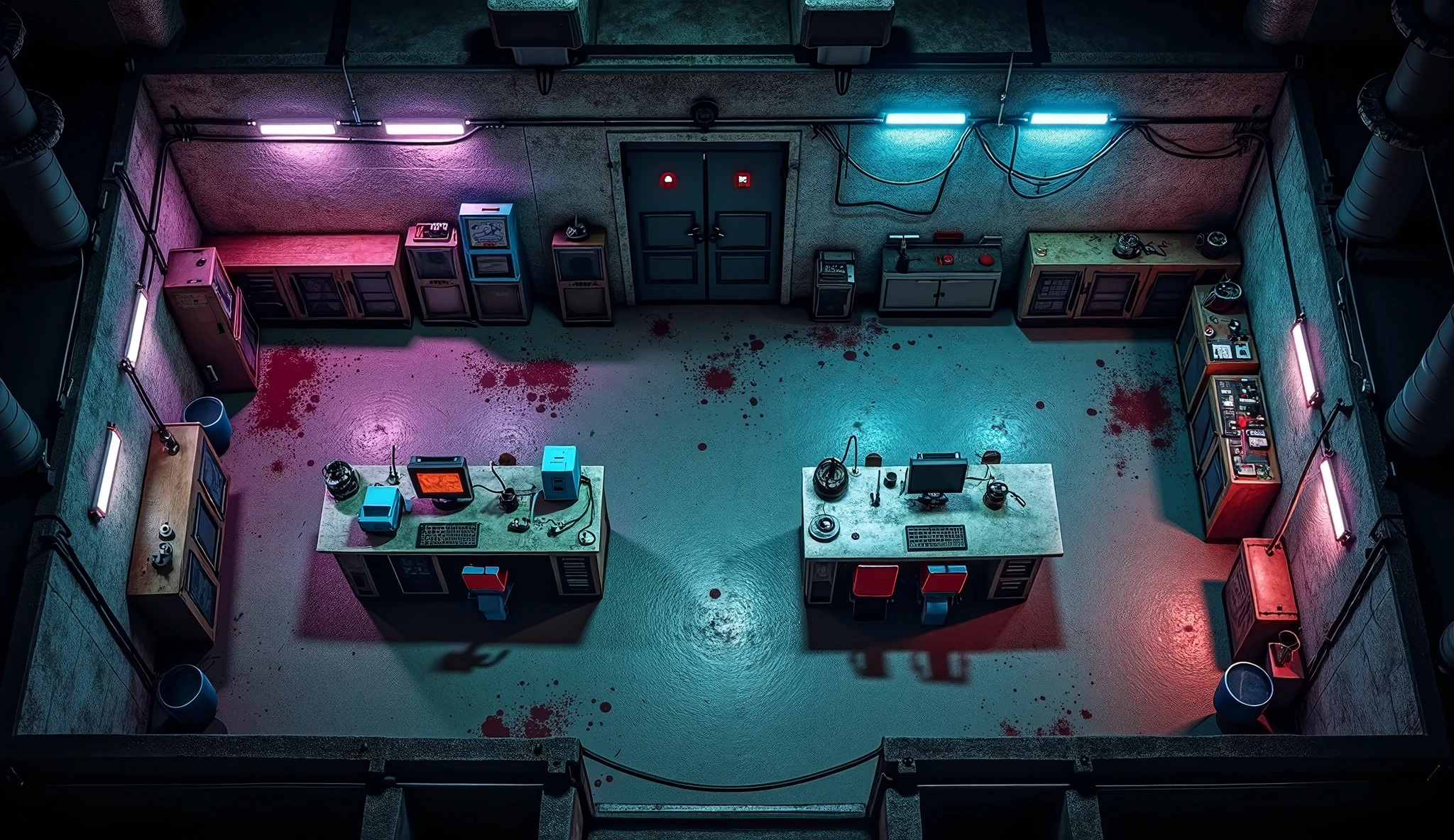 "An image of a panoramic anime-style underground laboratory, with an oppressive and gloomy atmosphere. The space is big, wide and spacious, with white walls and metal tables. There are hospital stretchers lined up, some stained with blood, contributing to the dark tone of the environment. The scene is illuminated by flashing lights, that cast unsettling shadows around. Old machines make constant noises, and the metallic smell of blood and chemicals permeates the heavy air.

On operating tables, apples are ominously positioned, and people are tied to them, displaying expressions of fear and pain. Surgical instruments glow in dim light, ready to be used. The lab walls are covered with messy notes and disturbing drawings., increasing the feeling of terror and mystery. This terrifying scenario is located in an underground location, with cold, damp stone tunnels, reinforcing the feeling of isolation and danger."



