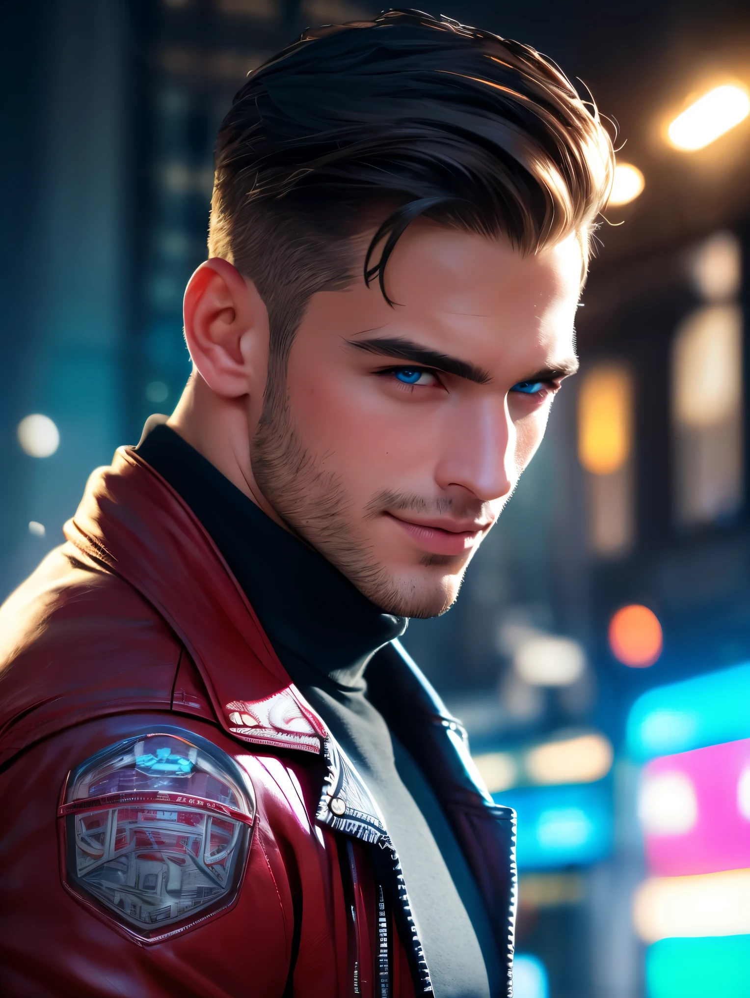 realistic, masterpiece, best quality, cinematic, dynamic lighting, soft shadow, highest detail, professional photography, detailed background, depth of field, insane details, intricate, aesthetic, detailed face, subsurface scattering, realistic hair, realistic eyes, 1boy, muscular, Portrait photo of a handsome man in a red leather motorcycle jacket, black t-shirt, jeans, black slicked back hair, blue eyes, (neon lights), sharp focus, futuristic city street, soft lighting, vibrant colors, looking at viewer, smirk, facing camera, vibrant colors,
