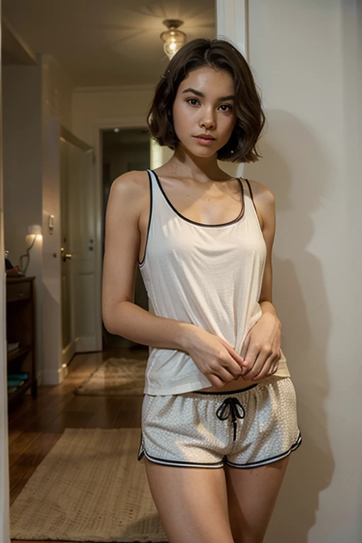 Generate: Realistic, amber haired girl
Face: brown eyes, small frekels (very low quantity), smooth small nose, ears part visible
Body: small waist, thick , hips: middle wide,
Environment: city balkony at early night
Lighting : dawn but generated person fully visible.
Wearing: ai generate:black shorts
Make the face a little less smooth and add a few freckels to the nose and cheeks
Ai generate: Make it look like the person is taking a selfie
Make the eyes a litte smaller and more realistic
Aigenerate: red pullover, see thru
