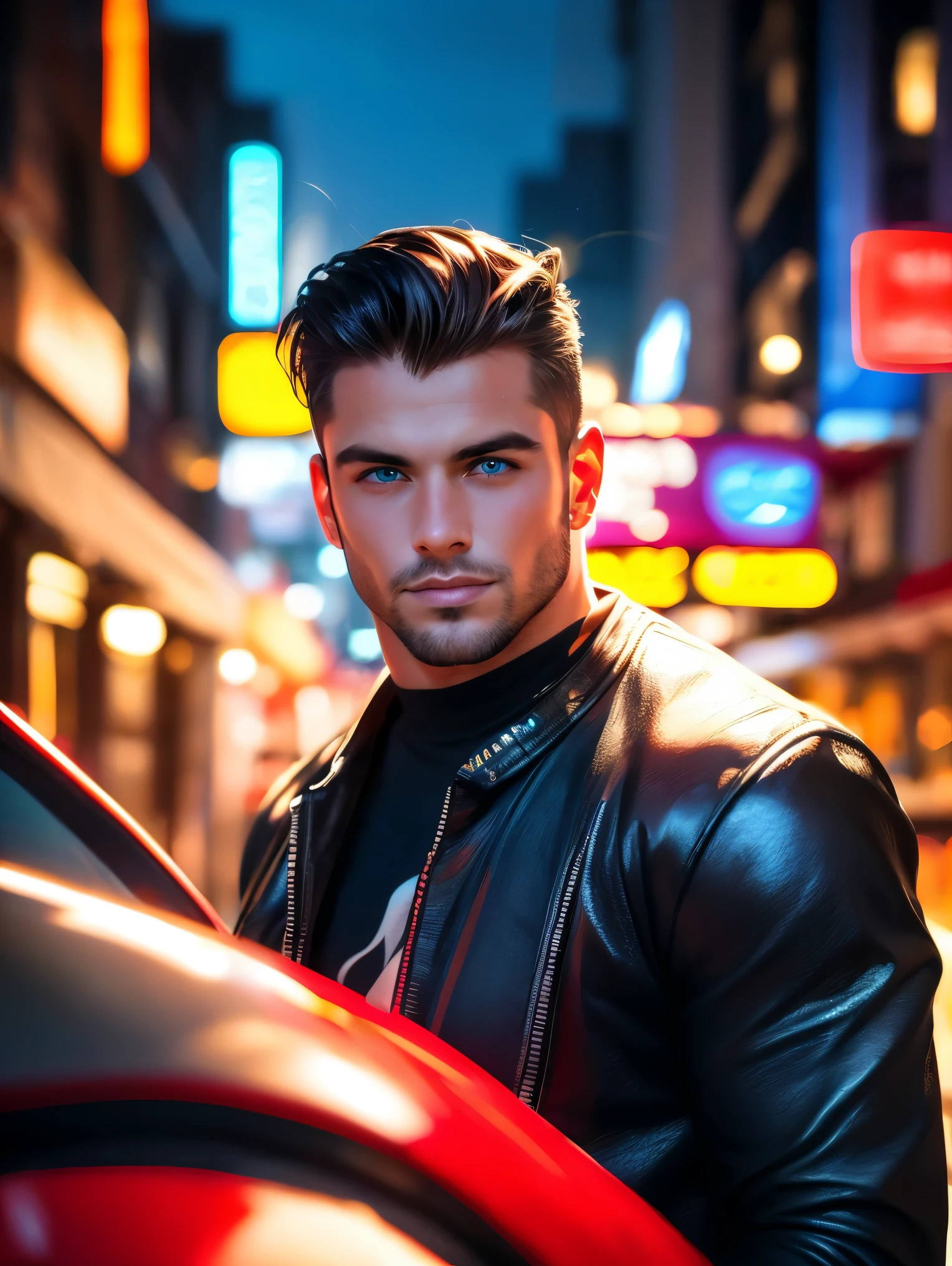 realistic, masterpiece, best quality, cinematic, dynamic lighting, soft shadow, highest detail, professional photography, detailed background, depth of field, insane details, intricate, aesthetic, detailed face, subsurface scattering, realistic hair, realistic eyes, 1boy, muscular, Portrait photo of a handsome man in a red leather motorcycle jacket, black t-shirt, jeans, black slicked back hair, blue eyes, (neon lights), sharp focus, futuristic city street, soft lighting, vibrant colors, looking at viewer, smirk, facing camera, vibrant colors,
