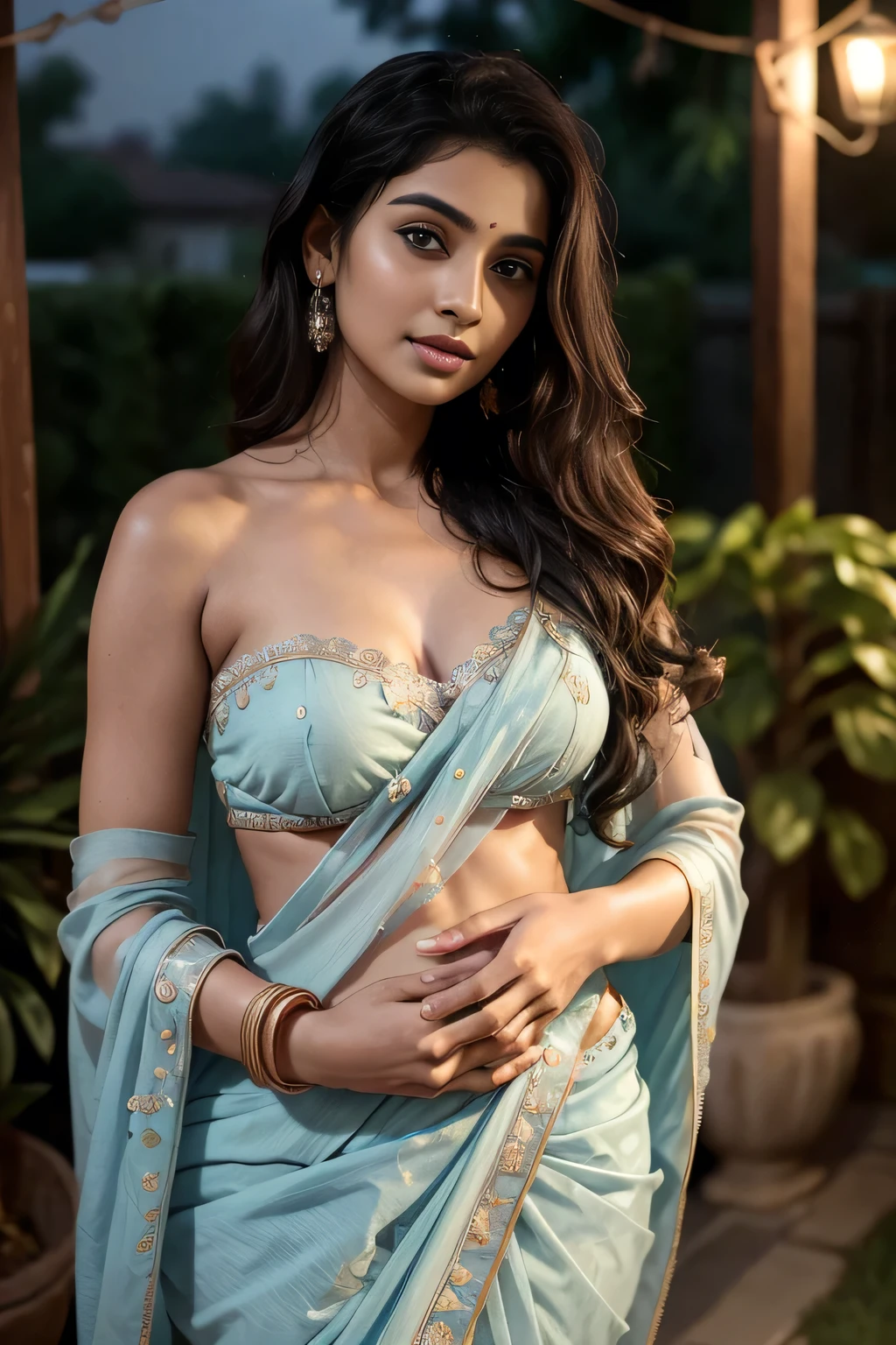 breasts visible(best quality,highres,realistic),woman wearing TRANSPARENT LIGHT BLUE SAREE [[[[[wearing black spectacles]]] [[EXPOSING ]],elegant poses,sensual figure,gorgeous smooth pubic area ,long and luscious hair,exquisite jewelry,vibrant and colorful saree,graceful hand gestures,natural and radiant makeup,traditional background sceneryhighres,realistic),wearing [[dark brown color big breasts and deep nave]]l .