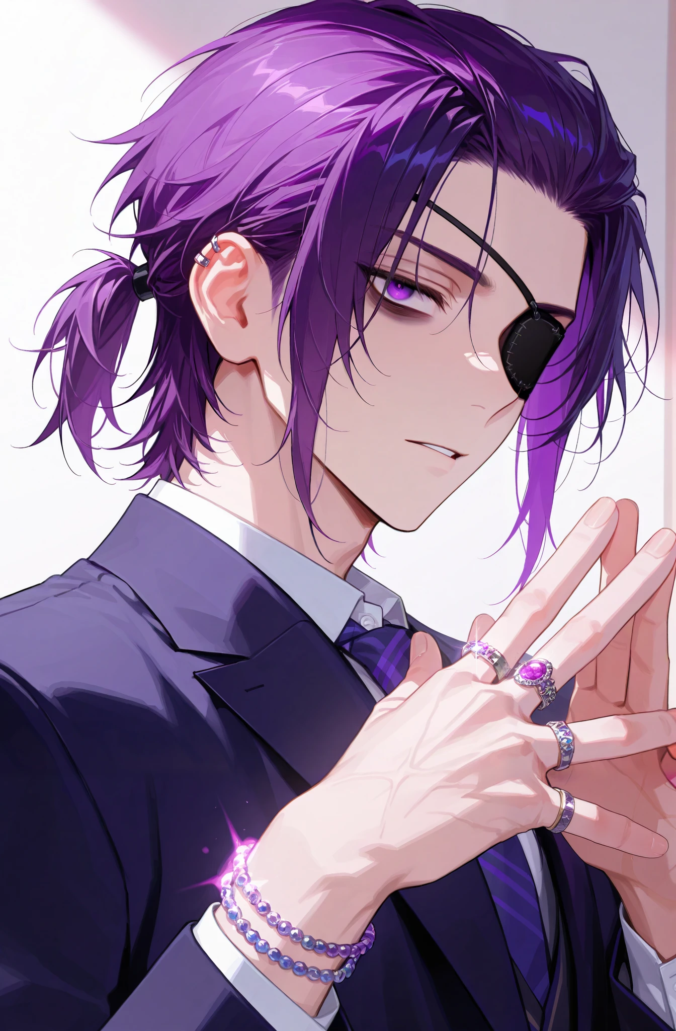 Anime style, high school boy, boy, dressed in school uniform, gothic rings and bracelets on hands, dark purple hair, bruises under eyes, purple eyes, reads magic book, medium length hair, hair pulled back in a small ponytail, eye patch on 1 eye
